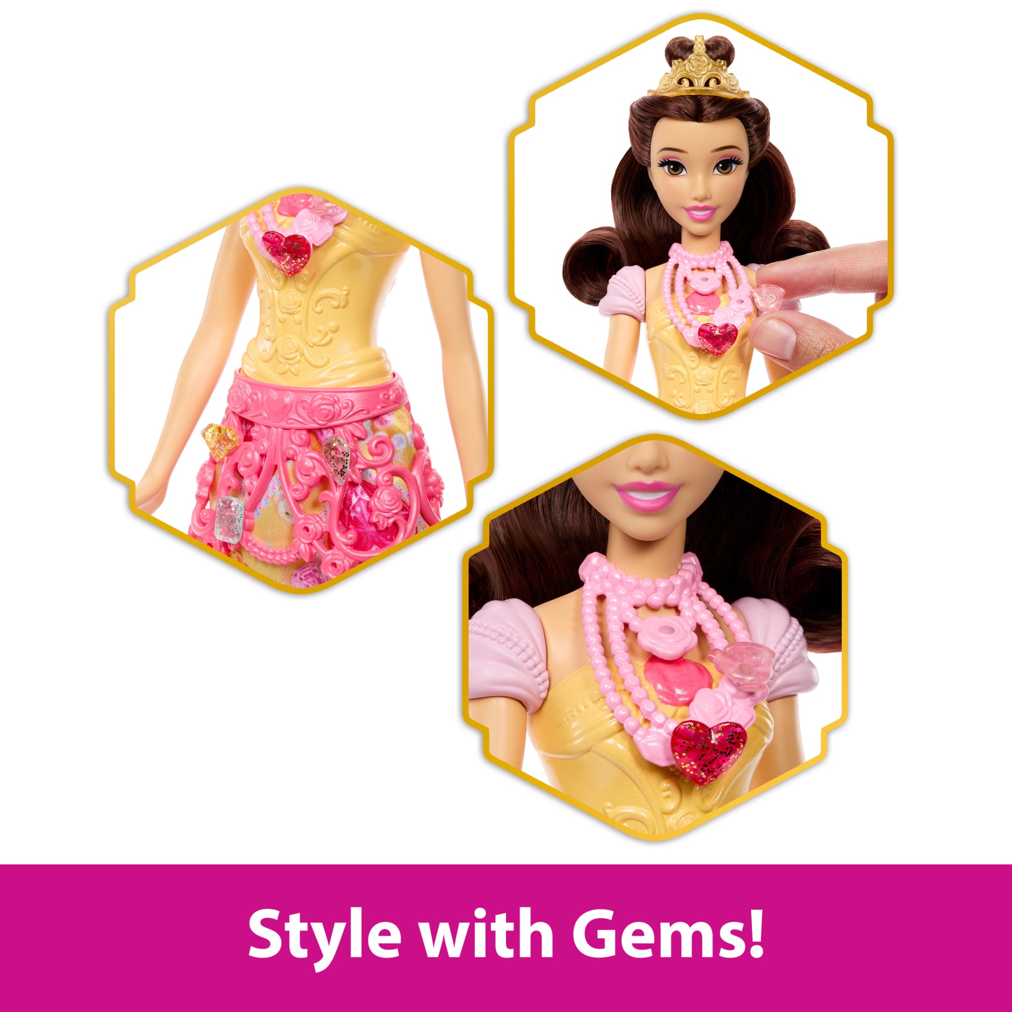 Disney Princess Jewel Reveal Belle Fashion Doll W/ 8 Surprises Including Gem Box & Accessories - Image 4