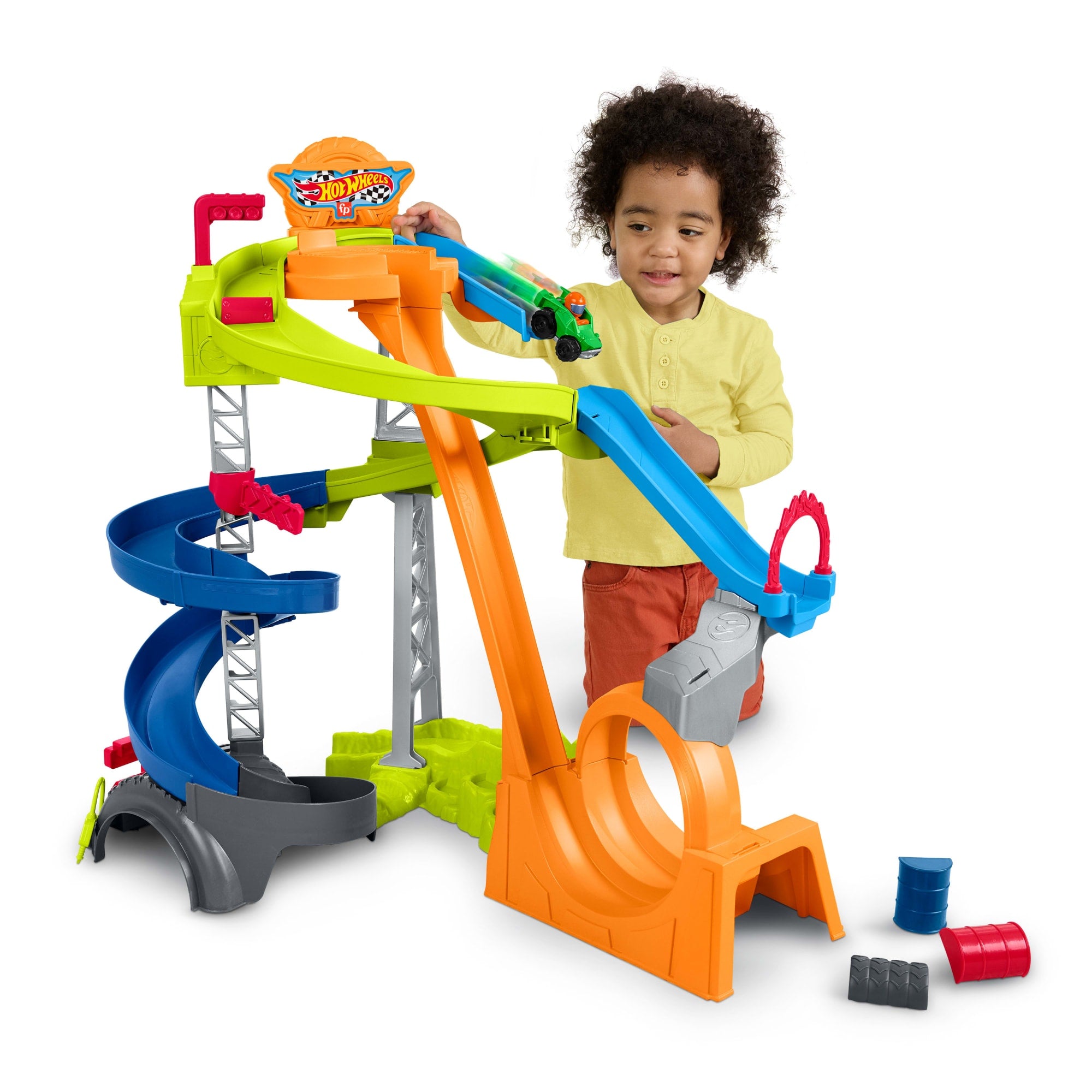 Little People Hot Wheels Spiral Stunt Speedway Toddler Race Track Playset. 2 Toy Cars