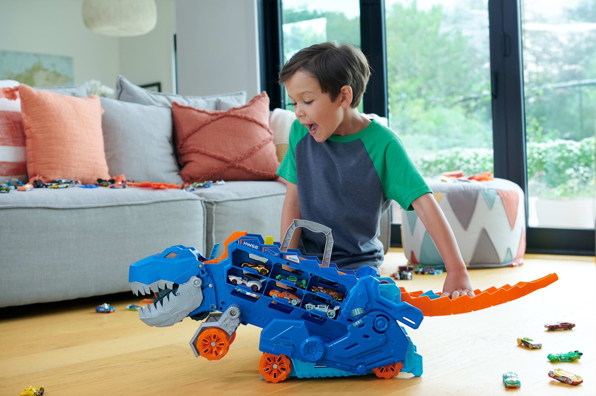 Hot Wheels City Ultimate T-Rex Transporter. Hauler Transforms Into A Dino. Featured in Let's Race - Image 2