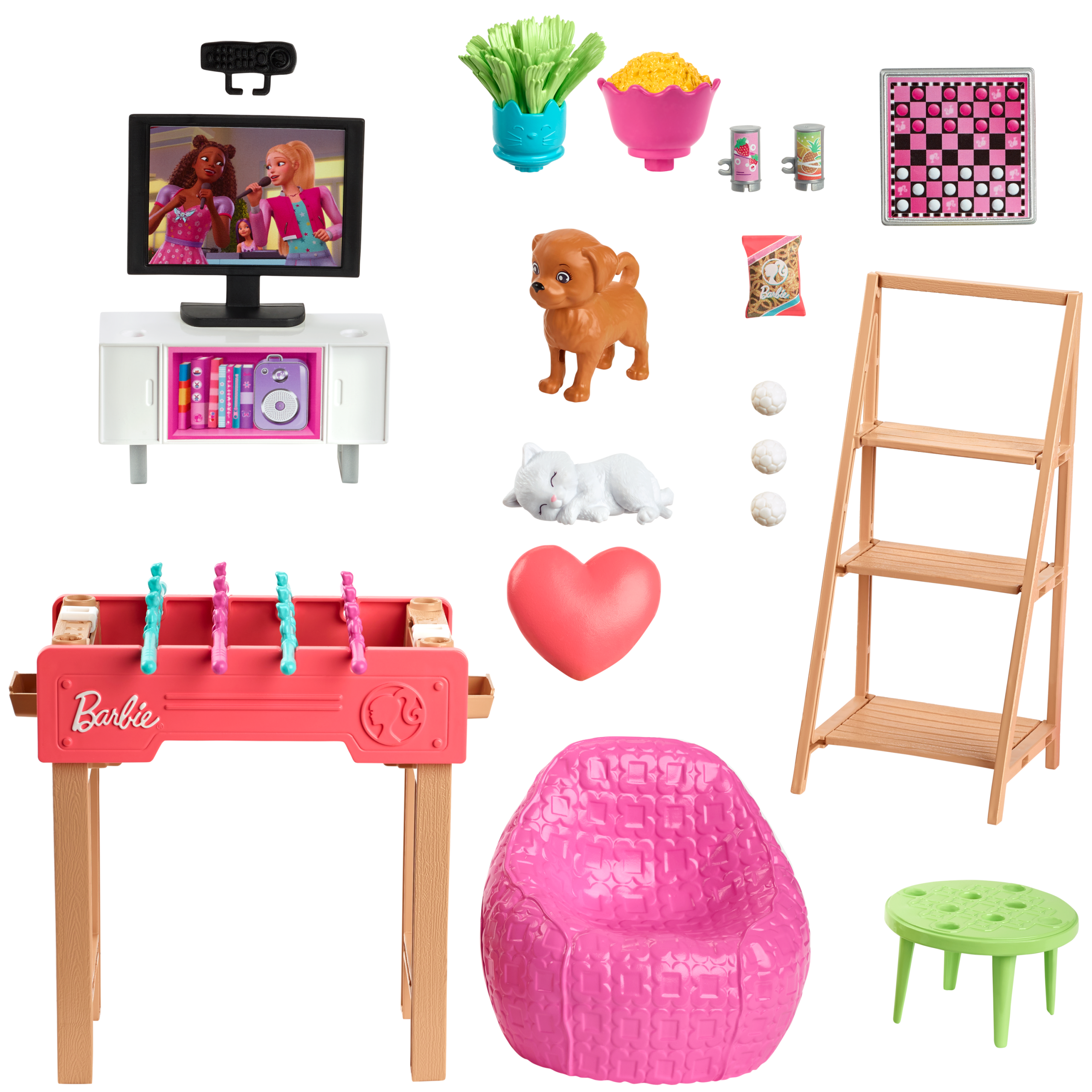 Barbie World Game Room Set With 19 Dollhouse Accessories Including Furniture. Foosball Table & Pets - Image 4