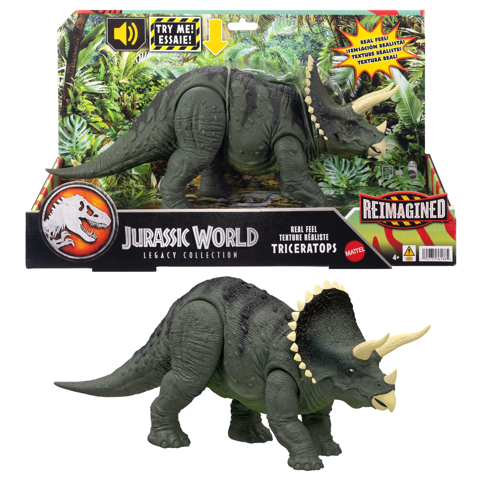 Jurassic World Reimagined Real Feel Triceratops Roaring Dinosaur Figure. 90S Inspired Toy
