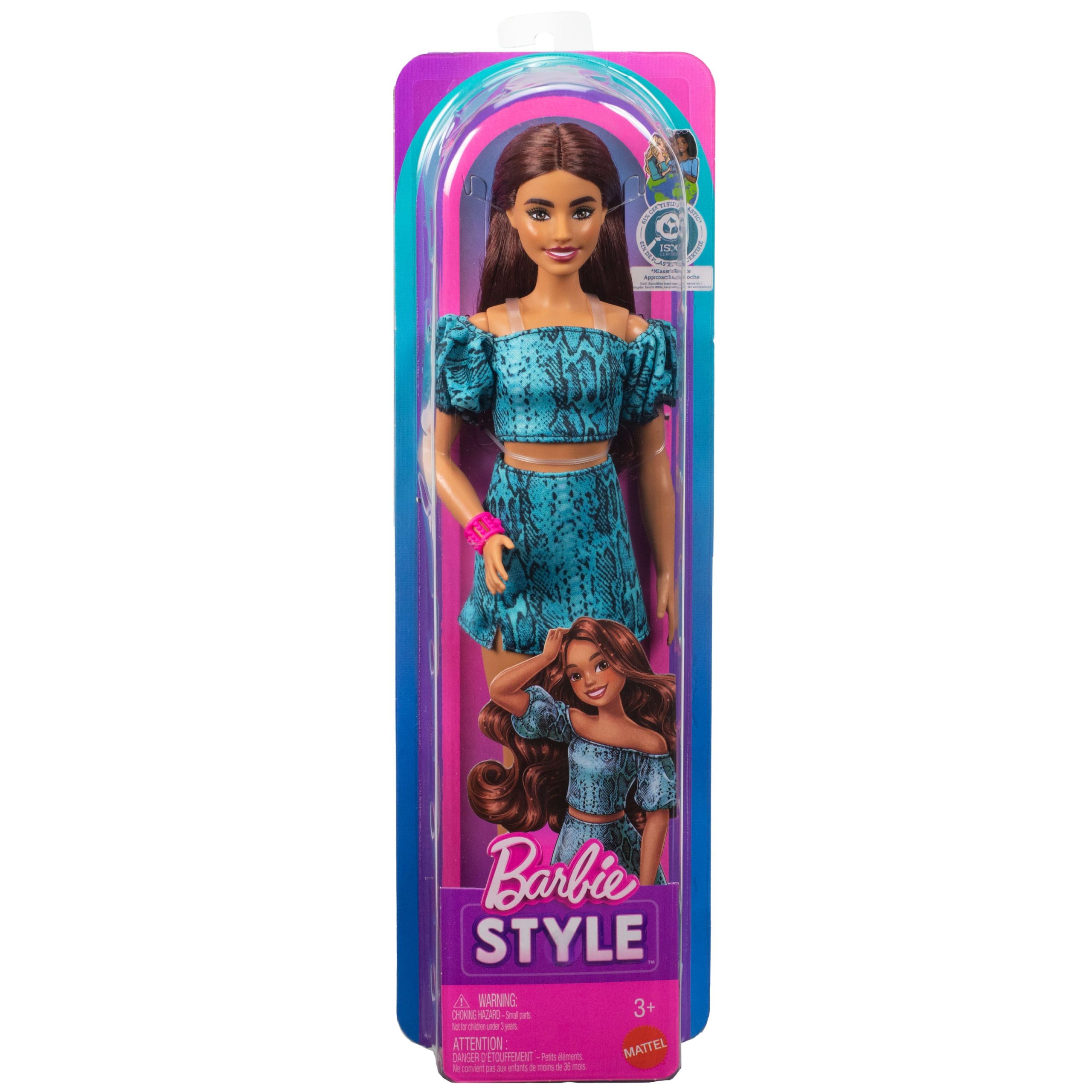 Barbie Fashionistas Style Doll #250 in Turquoise Snake Print Skirt. Turquoise Snake Print Top. Brown Hair - Image 6
