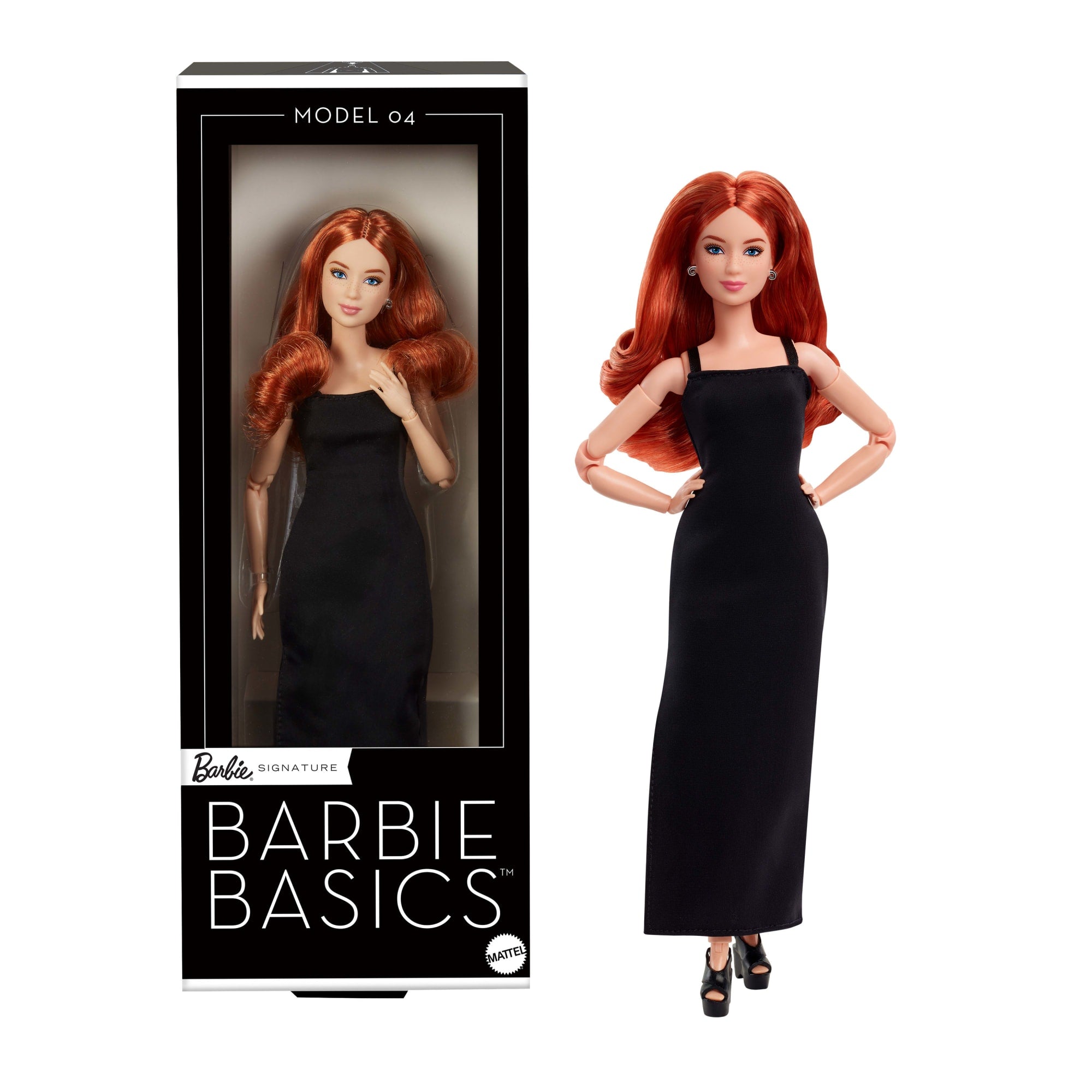 Barbie Basics Collectible Doll. Model 04 With Red Curly Hair. Black Dress & Platform Heels