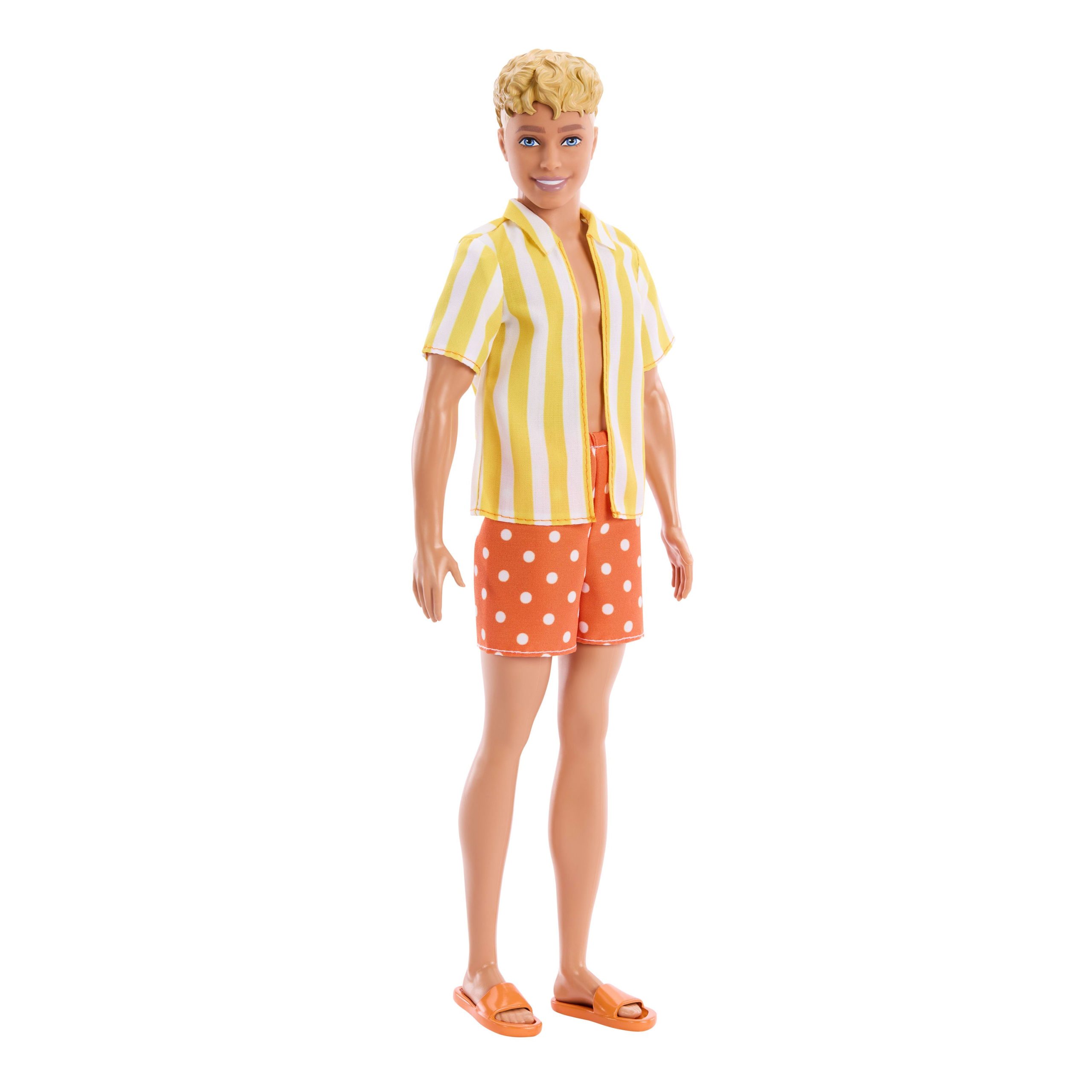 Barbie Fashionistas Style Ken Doll #252 in Orange And Yellow Polka-Dot Shorts. Yellow And White Striped Shirt. Blond Hair