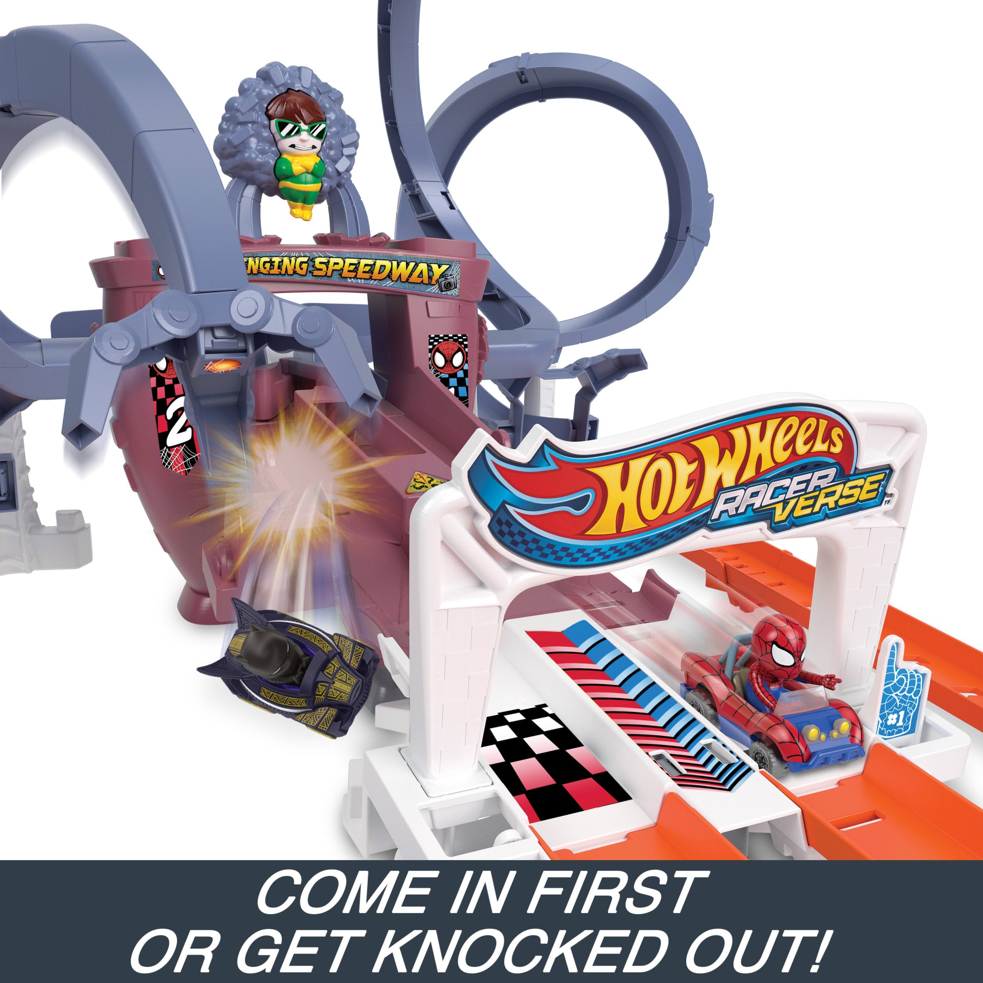 Hot Wheels Racerverse Spider-Man's Web-Slinging Speedway Track Set With 2 Hot Wheels Racers - Image 5