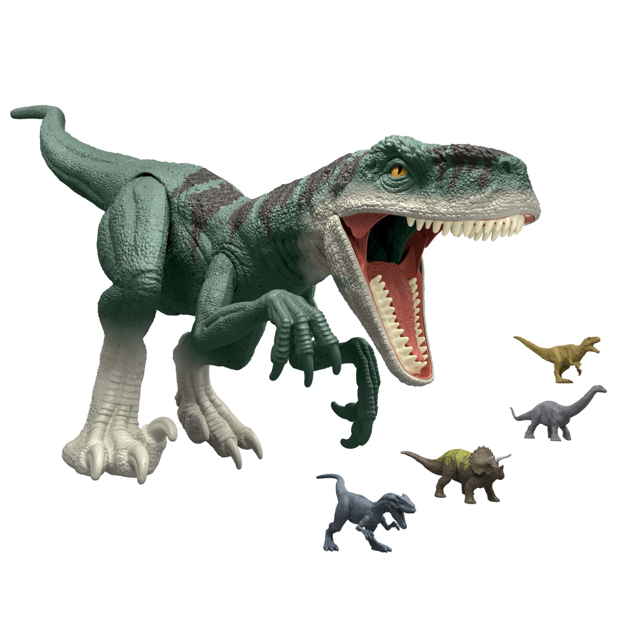 Jurassic World Super Colossal Dinosaur Pack With 1 XL 37 inch Long Atrociraptor. 4 Minis