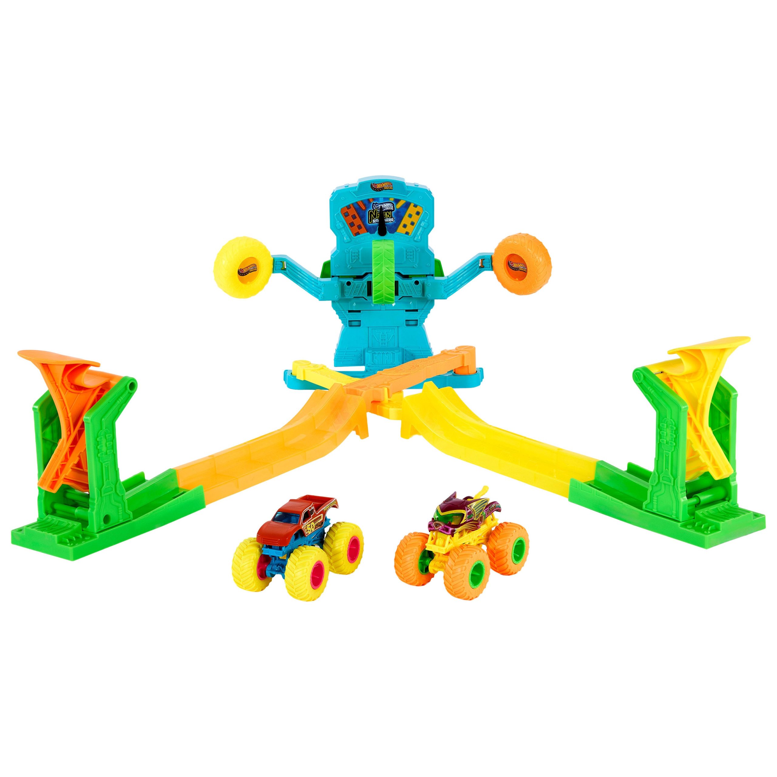 Hot Wheels Monster Trucks Neon Crashin' Slamway Playset With 2 Toy Vehicles. 2 Ways To Play - Image 2