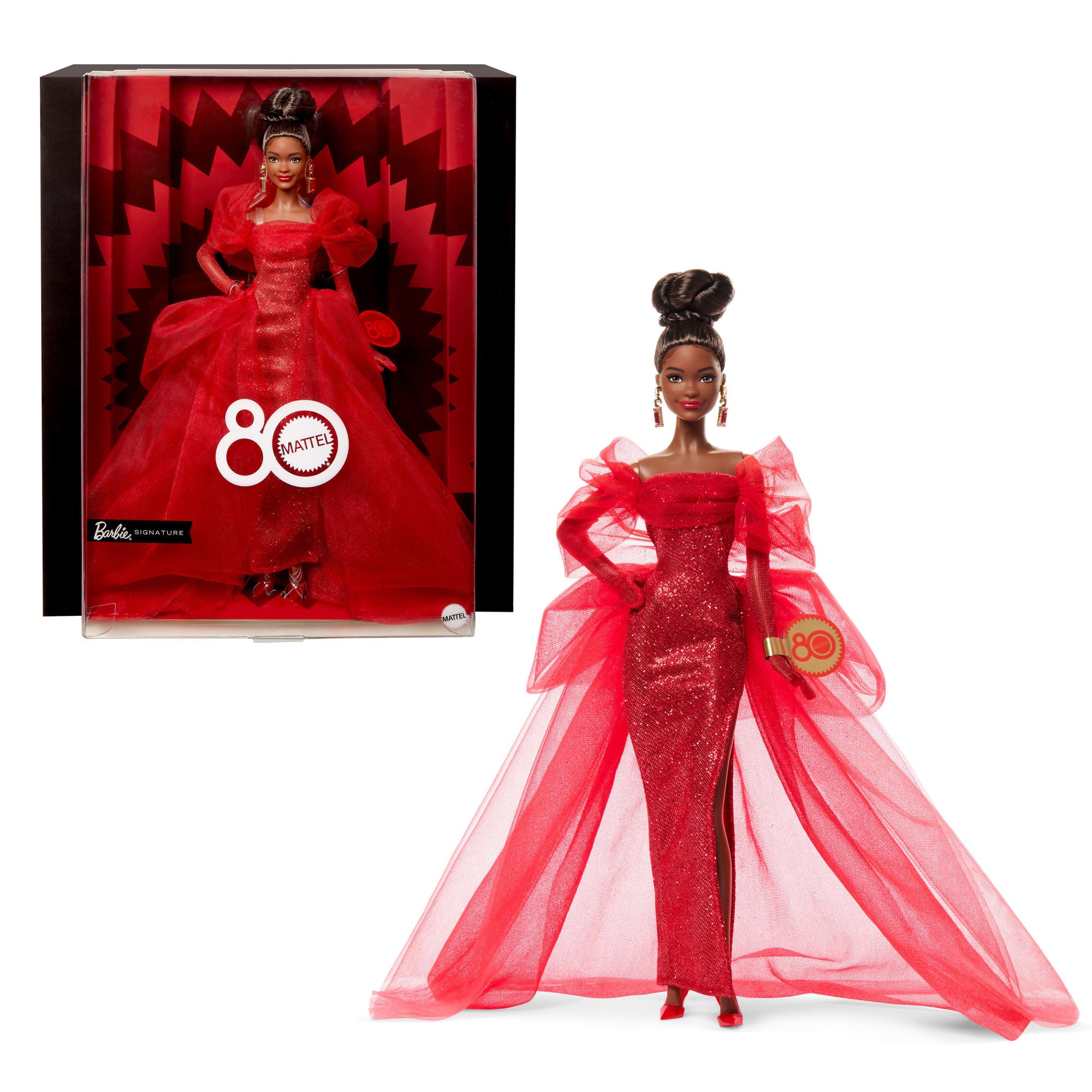 Barbie Signature Collectible Doll For Mattel 80th Anniversary. Glittery Red Tulle Gown. Brunette