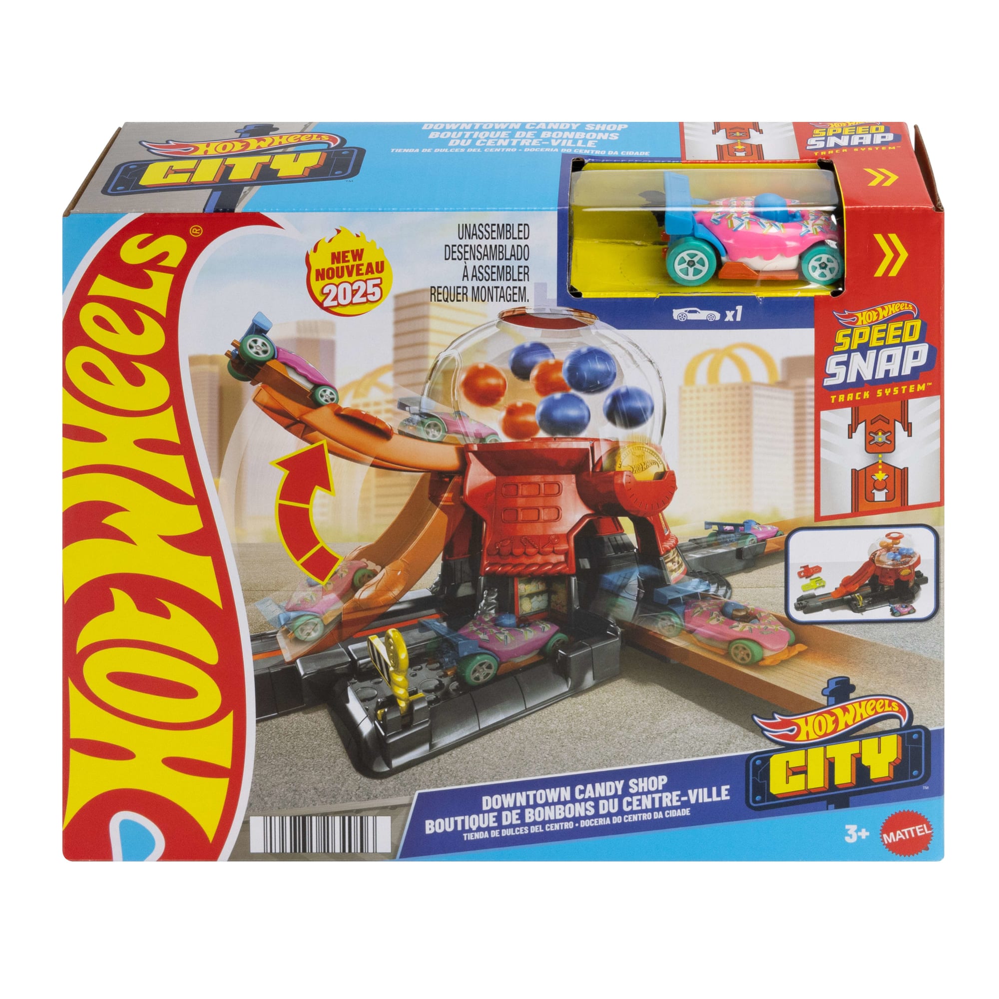 Hot Wheels Downtown Candy Shop Playset & 1:64 Scale Die-Cast Toy Car. Speed Snap Track - Image 6