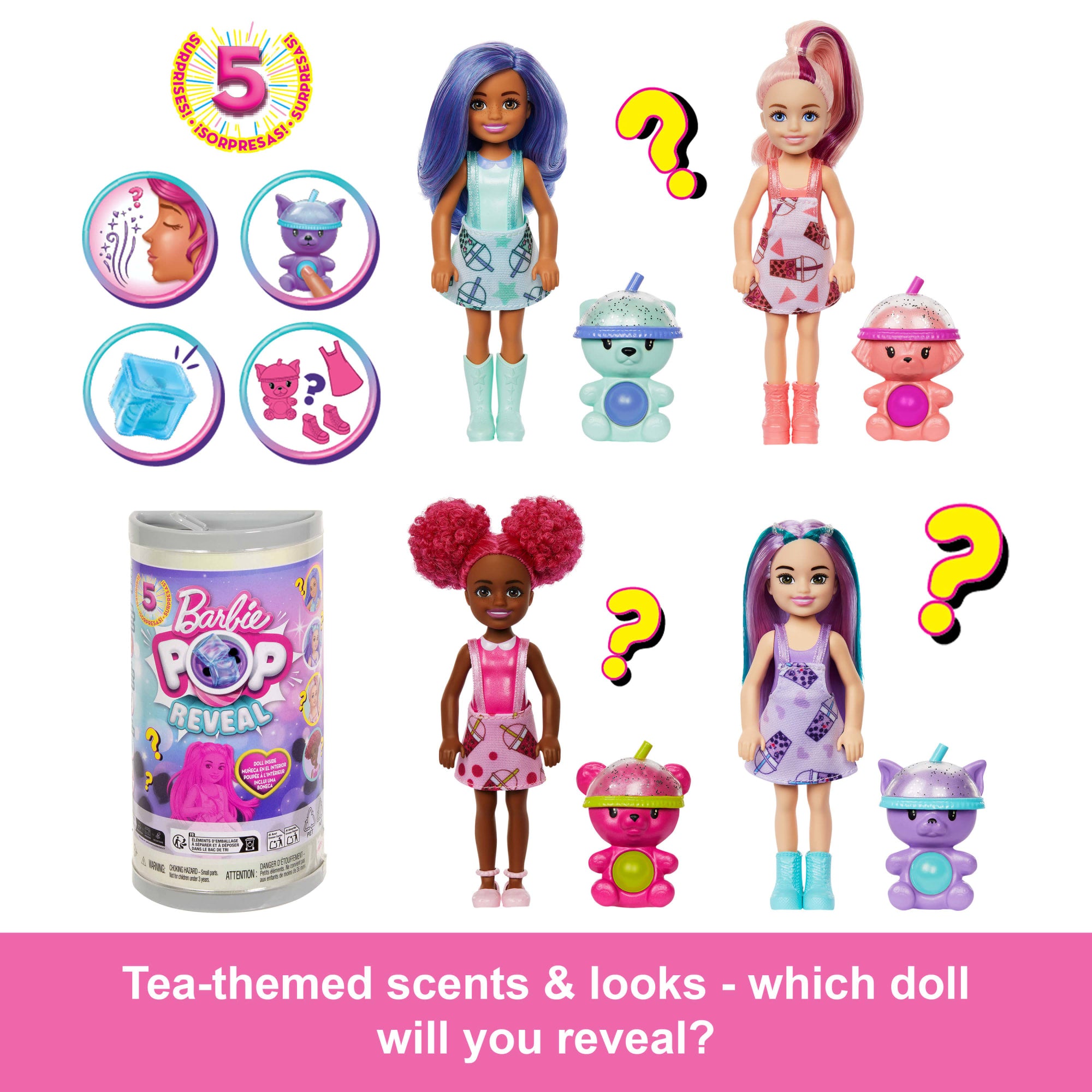 Barbie Chelsea Pop Reveal Bubble Tea Series Doll in Tea Can-inspired Package With 5 Surprises. Scented - Image 3