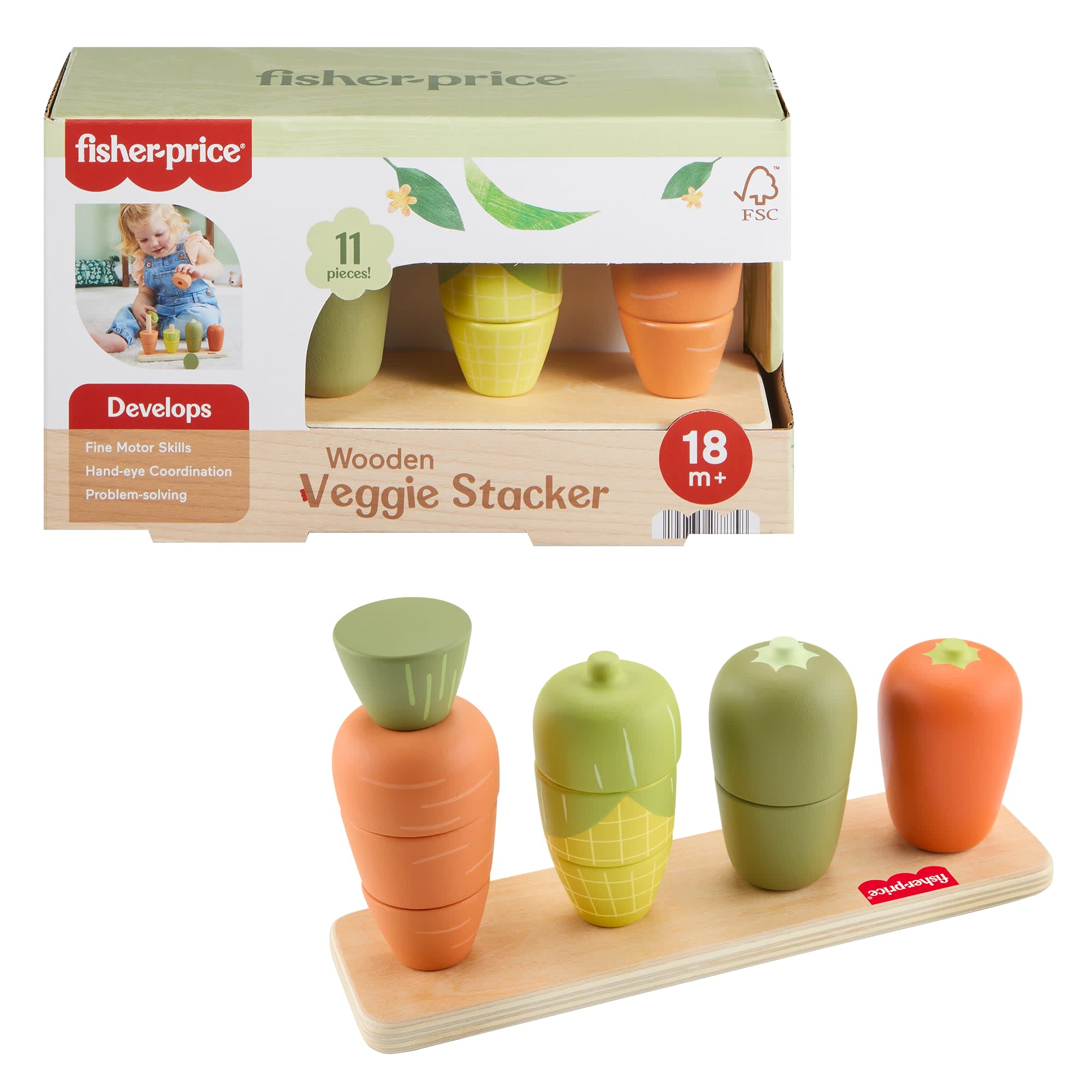 Fisher-Price Tiny Garden Wooden Veggie Stacker Toddler Activity Toy. 11 Wood Pieces