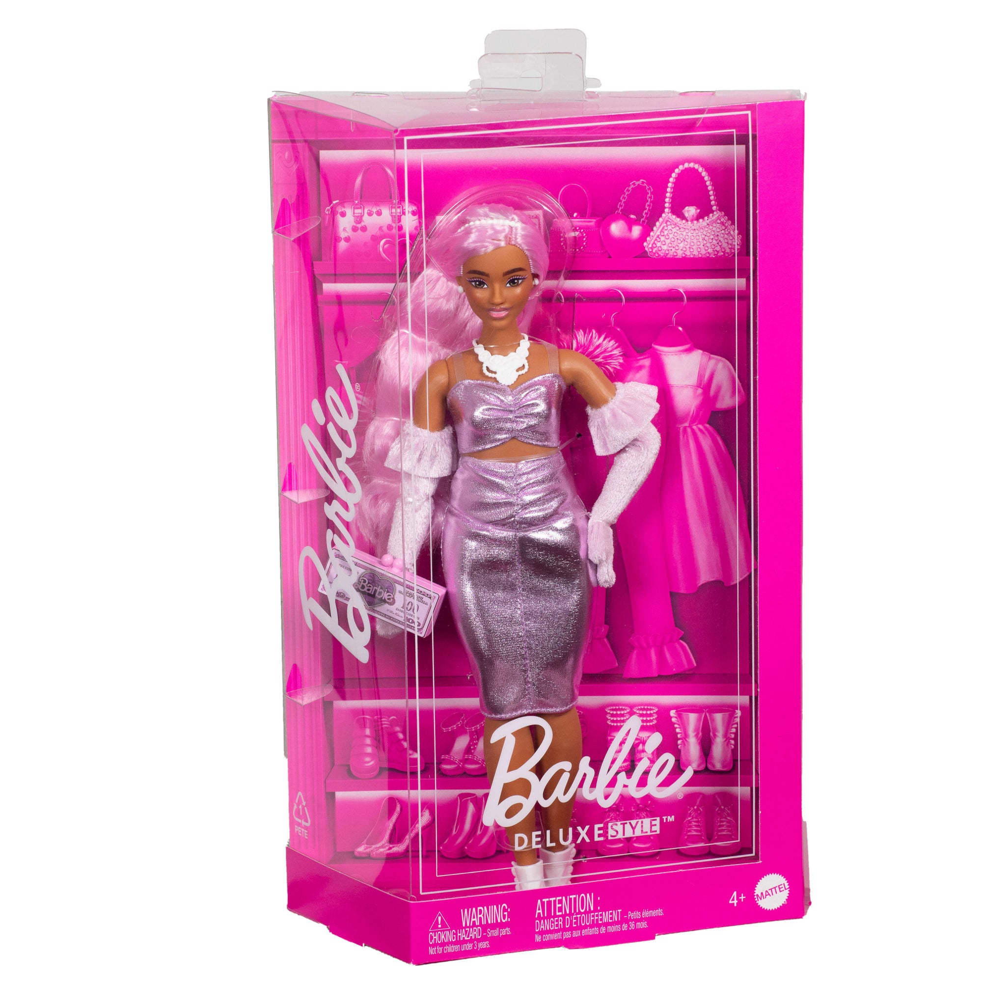 Barbie Deluxe Style Doll #1 in Glossy Pink Barbiecore Dress With Velvet Gloves. Pink Hair - Image 6