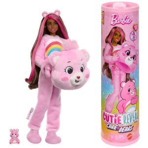 Barbie Cutie Reveal Care Bears Series Doll & Accessories in Cheer Bear Plush Costume. 10 Surprises