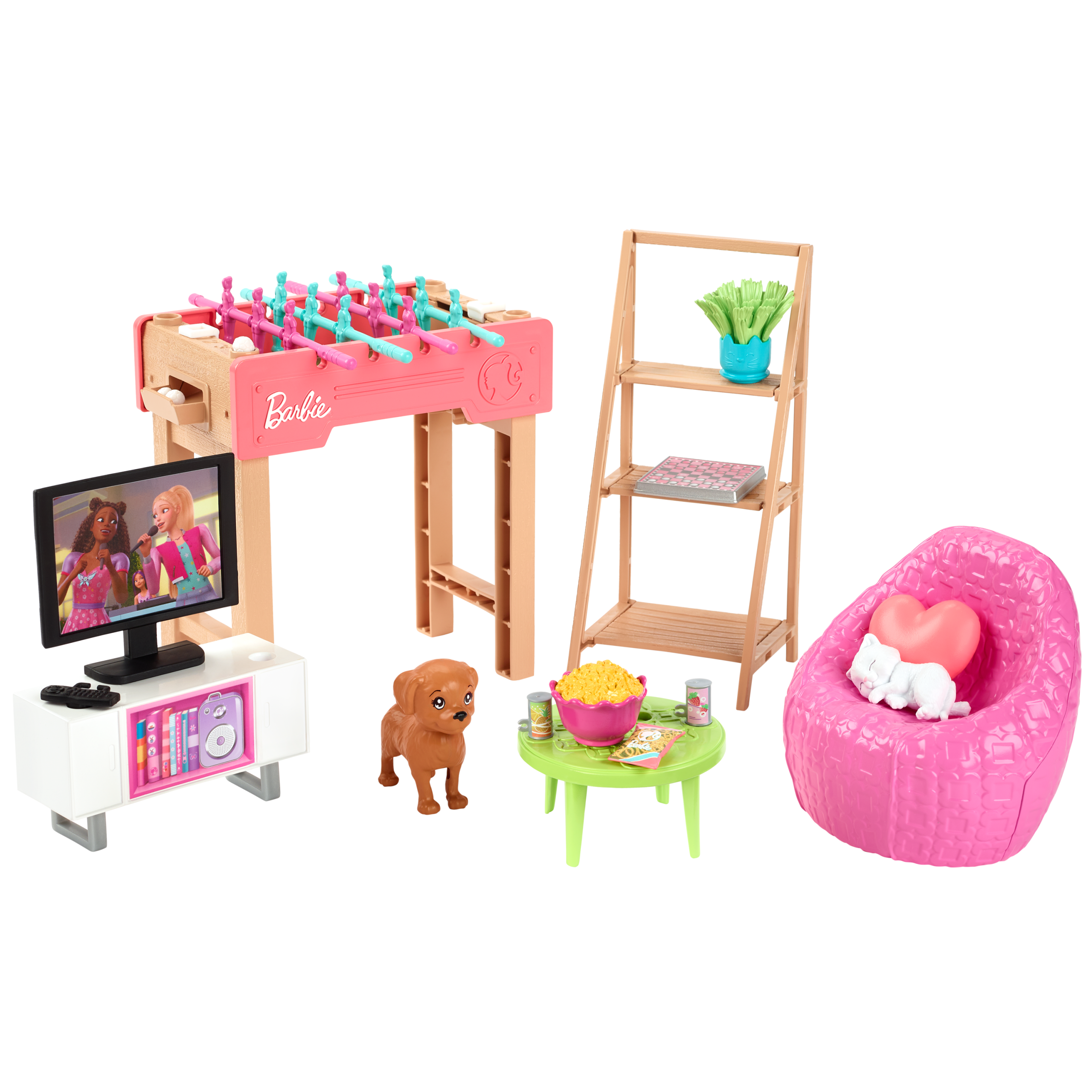 Barbie World Game Room Set With 19 Dollhouse Accessories Including Furniture. Foosball Table & Pets