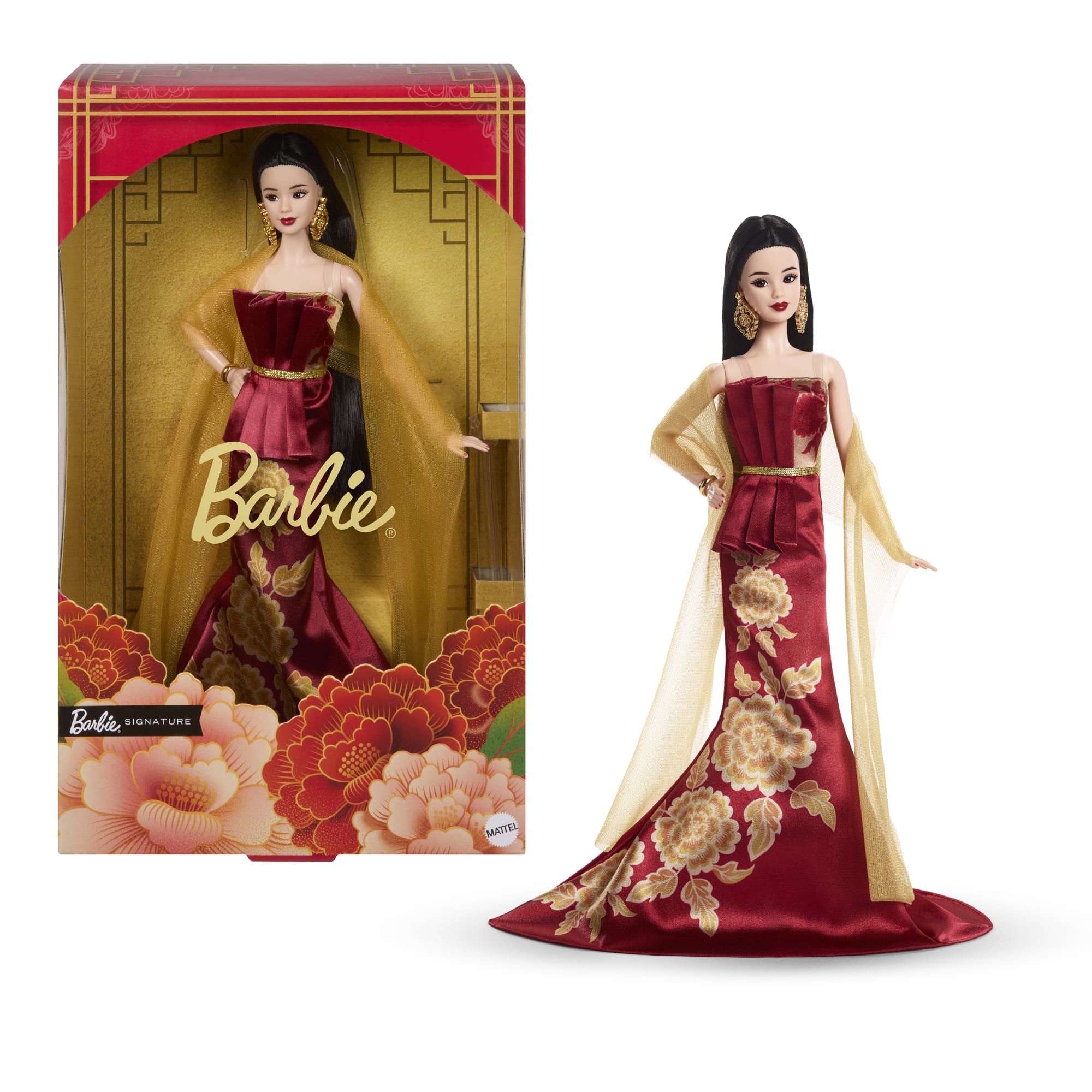 Barbie Signature Lunar New Year Fashion Doll. Red Dress With Golden Peonies. Collectible Holiday Gift