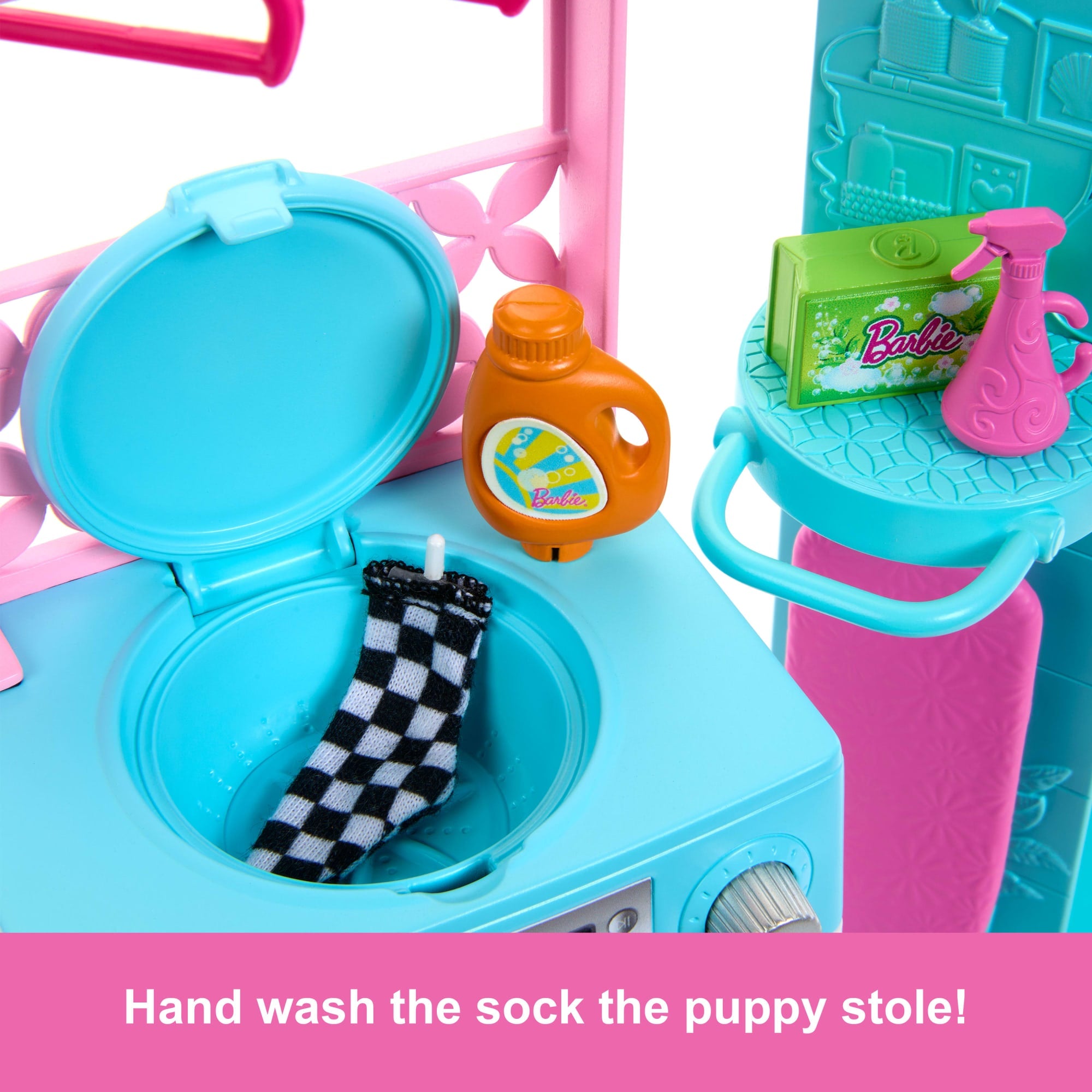 Barbie World Spinning Washer & Dryer Toy Playset With Laundry Accessories Like Hangers. Basket. & More - Image 4