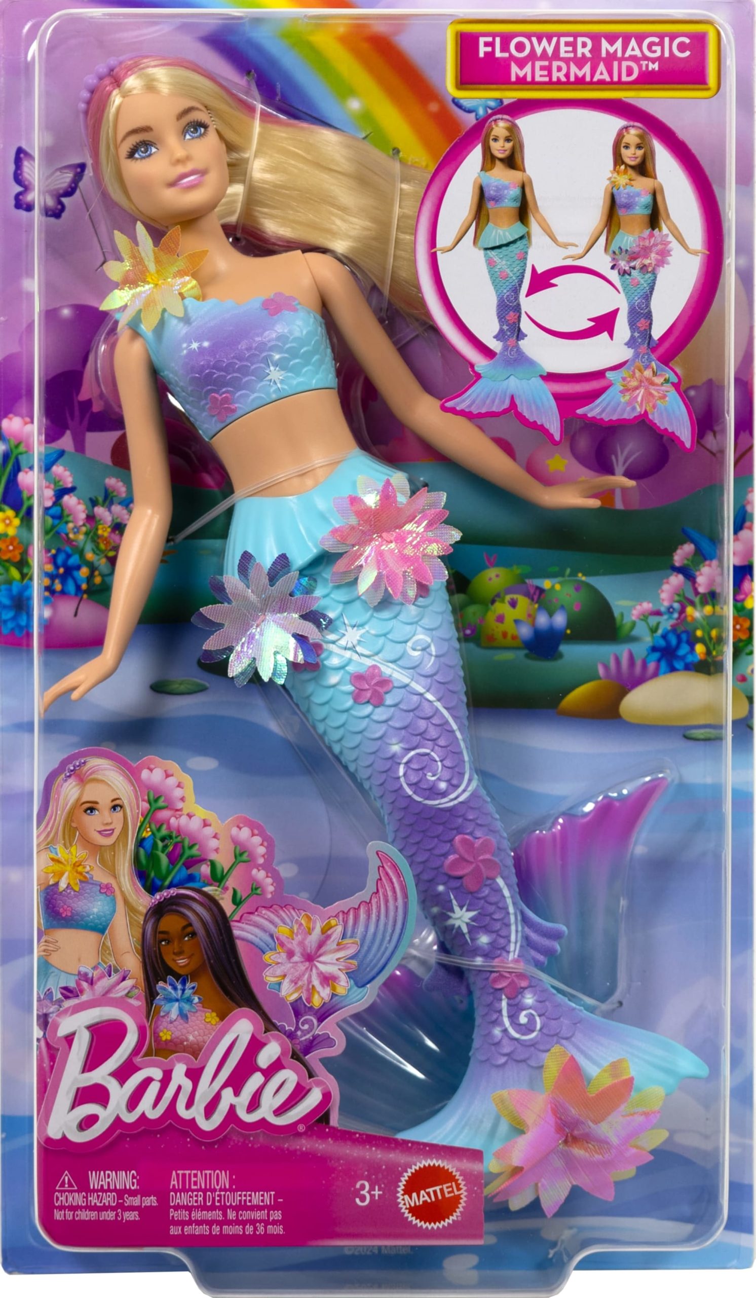 Barbie Flower Magic Mermaid Toy Doll With Surprise Blooming Flowers Feature & Pearl Headband Accessory - Image 6