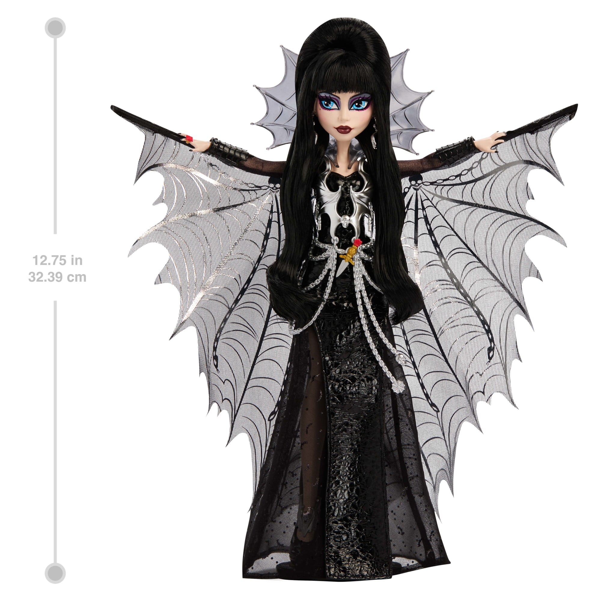 Monster High Elvira Collector Doll in Black Faux Leather Dress With Silvery Cape And Accessories - Image 4