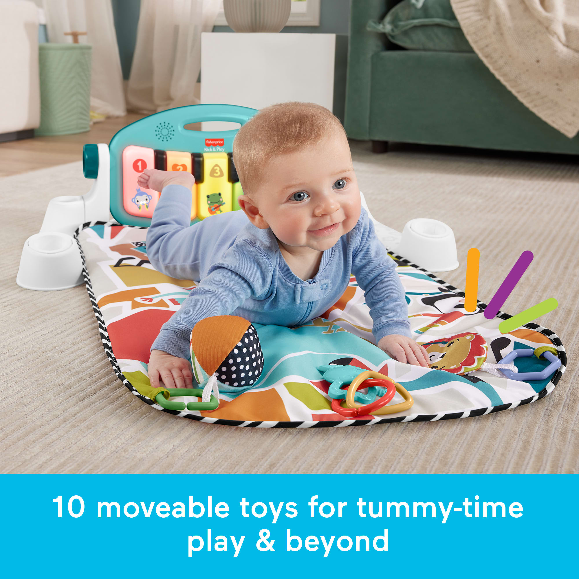Fisher-Price Glow And Grow Kick & Play Piano Gym Baby Playmat With Musical Learning Toy. Blue - Image 3