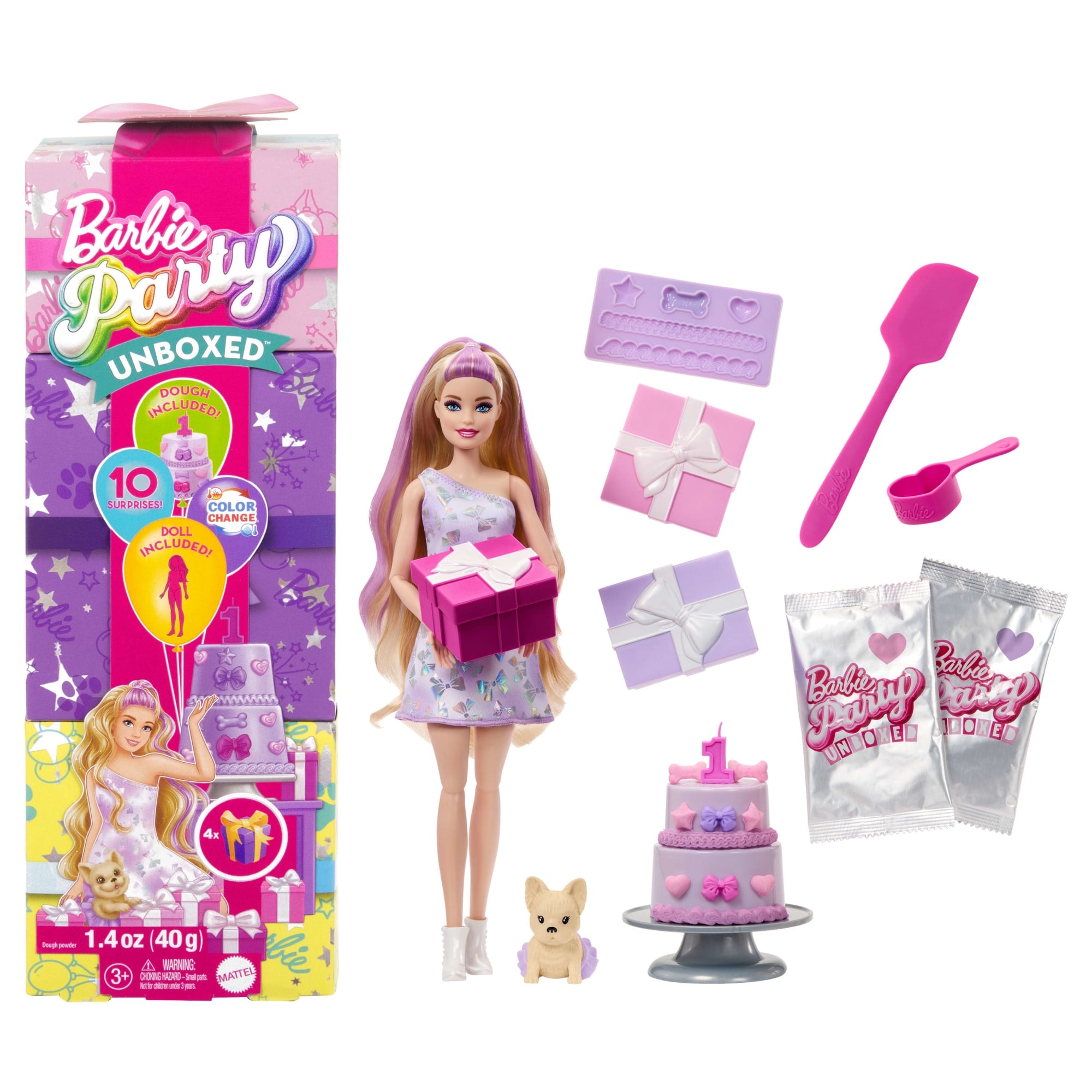 Barbie Party Unboxed Pet Birthday Series Doll & Accessories. Birthday Bows Set With 10 Surprises