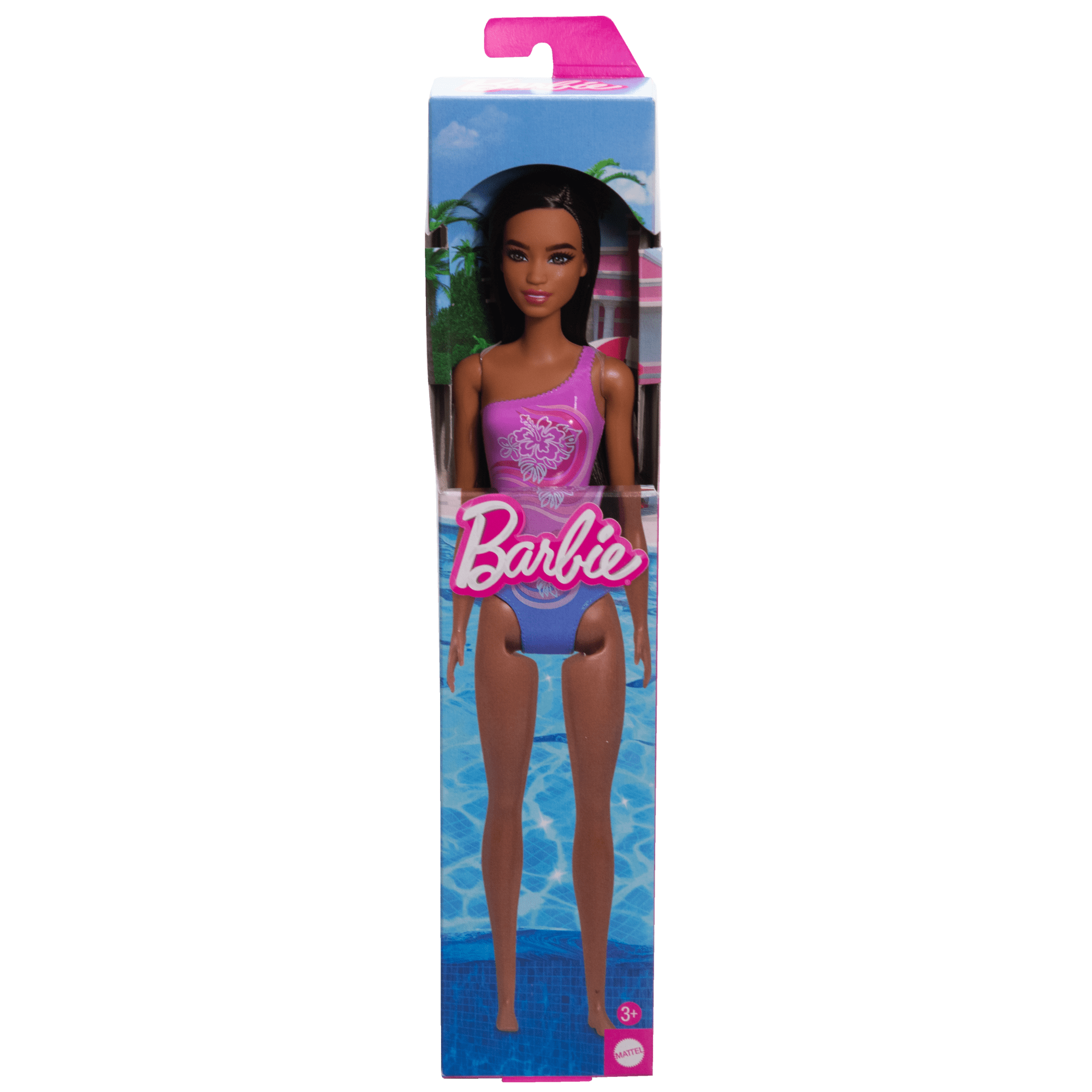 Beach Barbie Doll With Dark Brown Hair Wearing Tropical Purple Swimsuit - Image 5