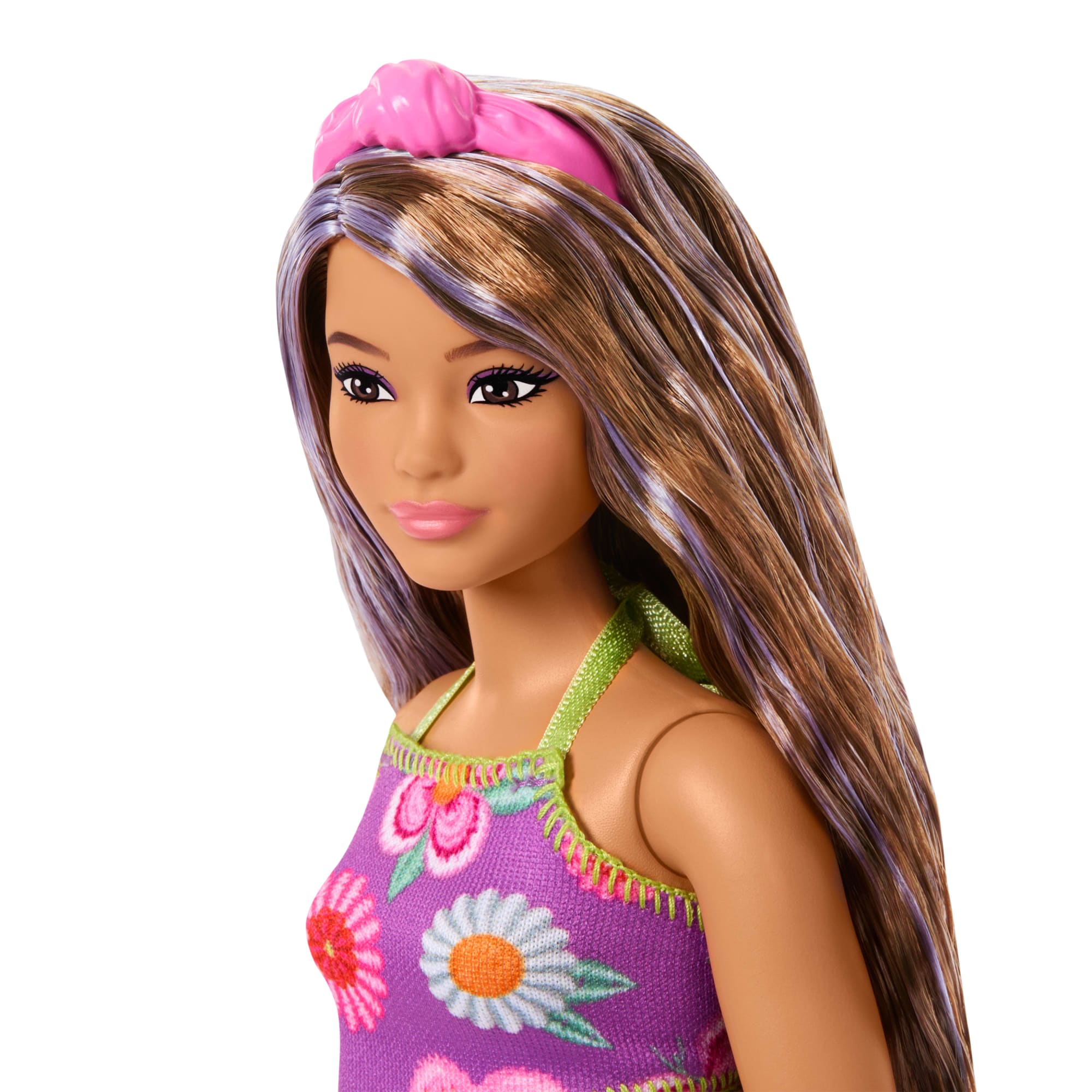 Barbie Fashionistas Doll #244 With Floral Halter Dress. Purple-Streaked Brown Hair - Image 4