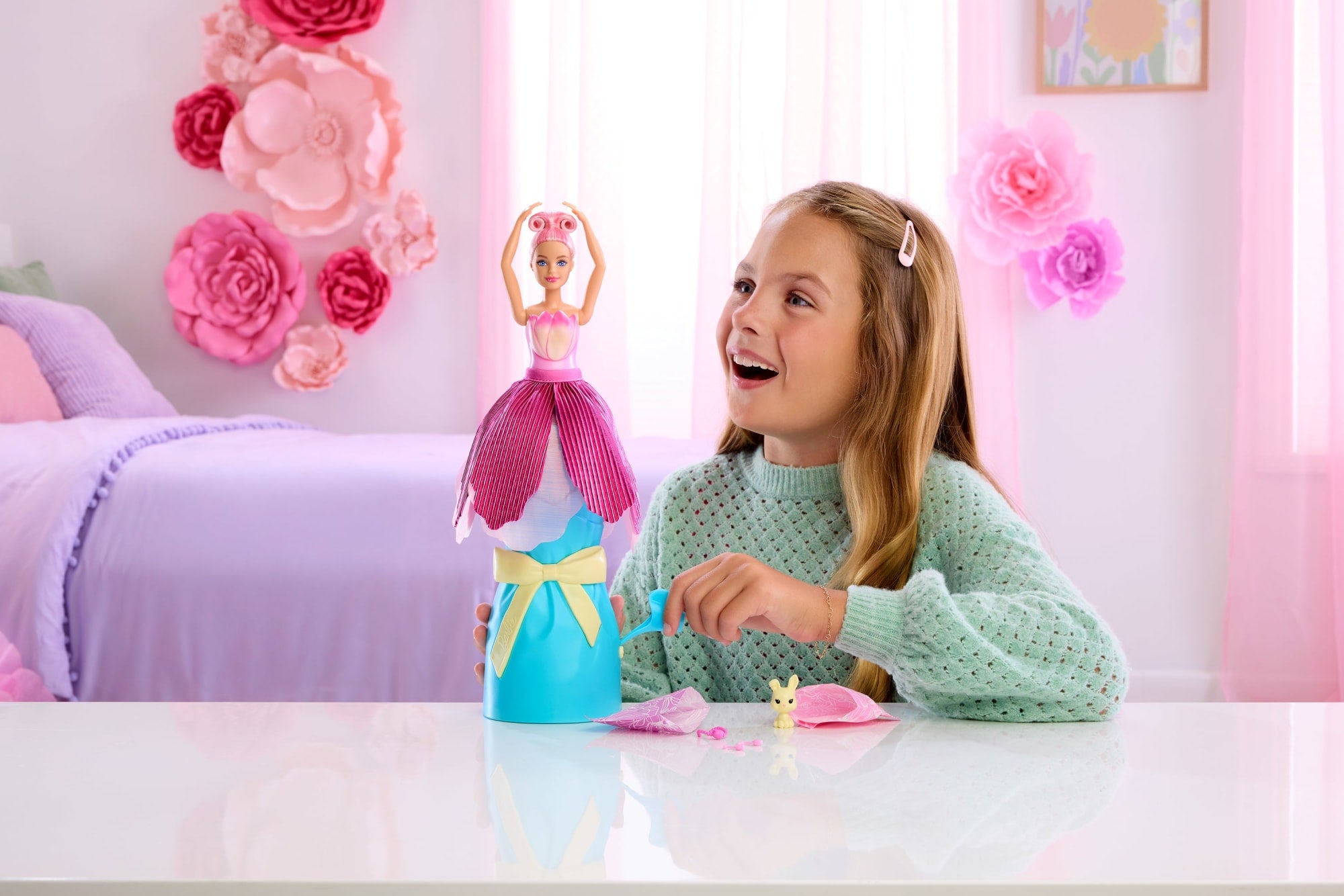 Barbie Petal Pop Scented Fashion Doll With Pink Tulip Dress. Reveal Accessories Like Bunny & More - Image 2