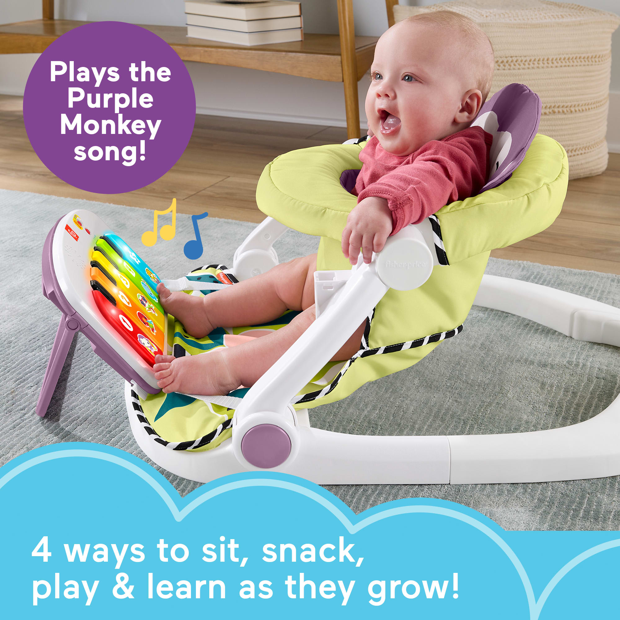 Fisher-Price Kick & Play Deluxe Sit-Me-Up Seat. Purple Monkey Baby Chair & Piano Learning Toy - Image 2