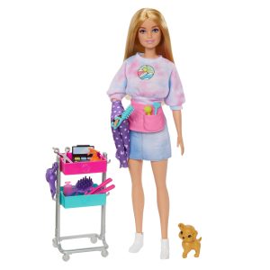 Barbie Malibu Coffret de Jeu Poupée Coiffeuse et 14 Accessoires