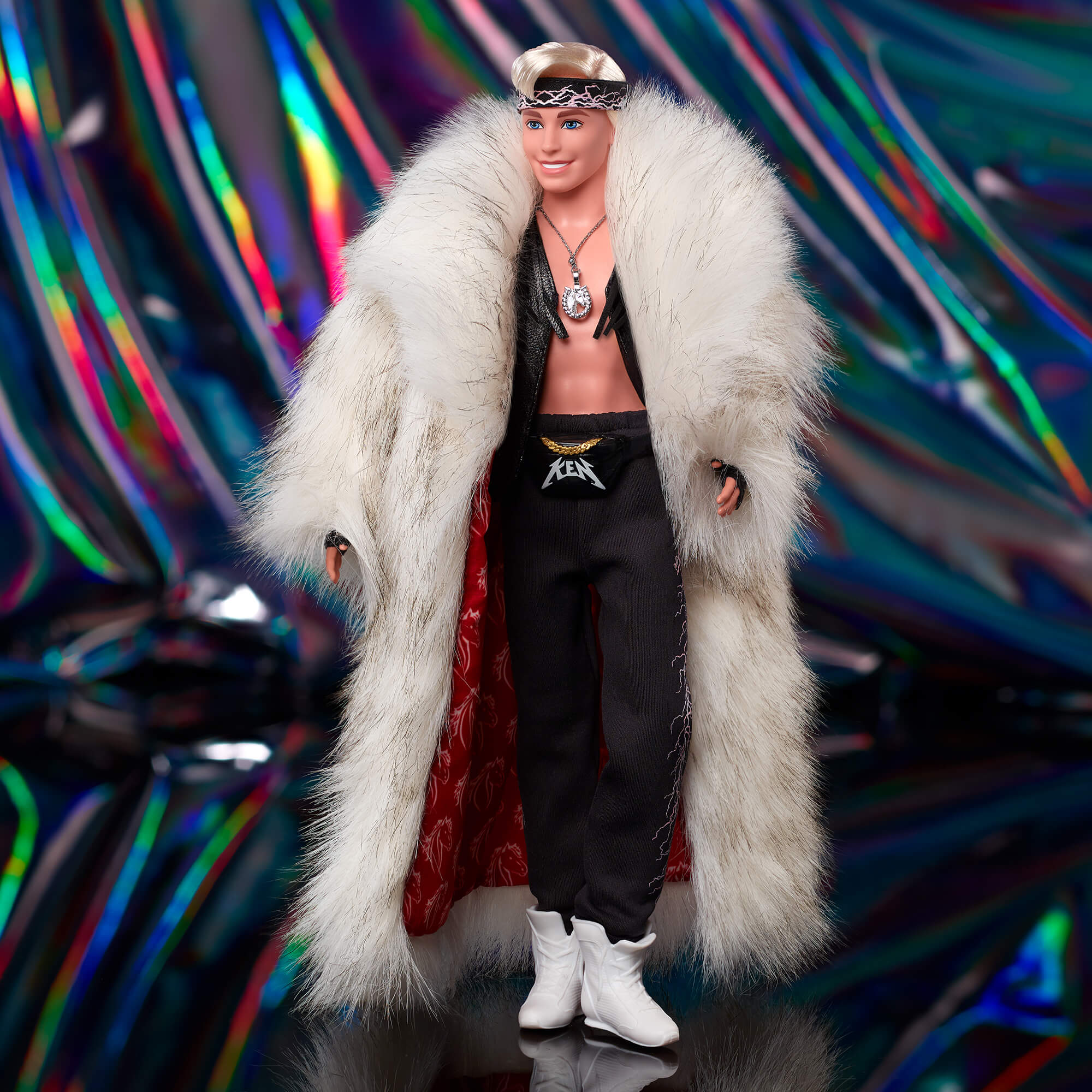 Ken Doll in Faux Fur Coat and Black Fringe Vest – Barbie The Movie - Image 3