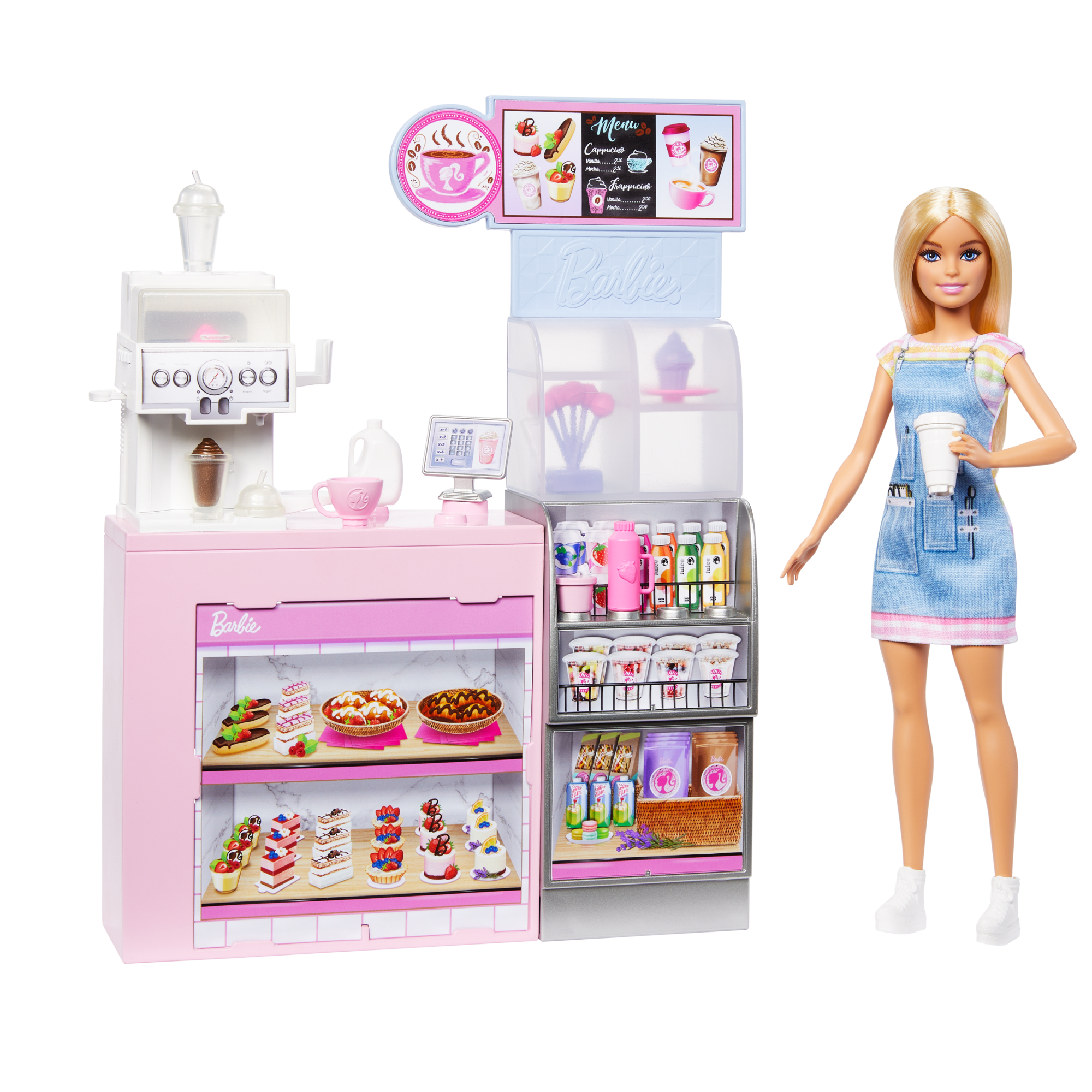 Barbie Coffret de Jeu Café. Poupée Barista Blonde. 10+Accessoires