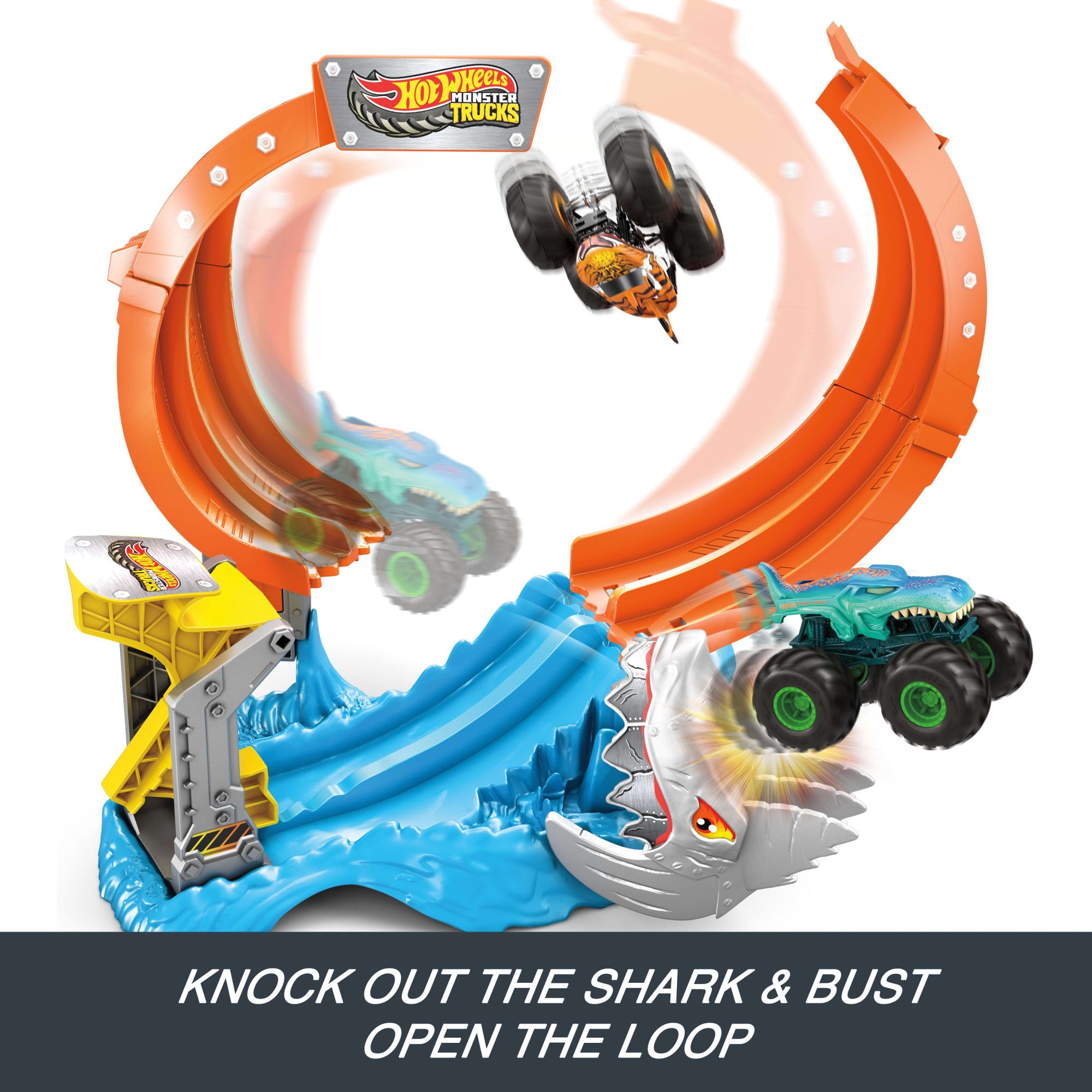 Hot Wheels Monster Trucks Corkscrew Shark Smash Track Set & 1:64 Scale MEGA-Wrex Toy Truck - Image 5