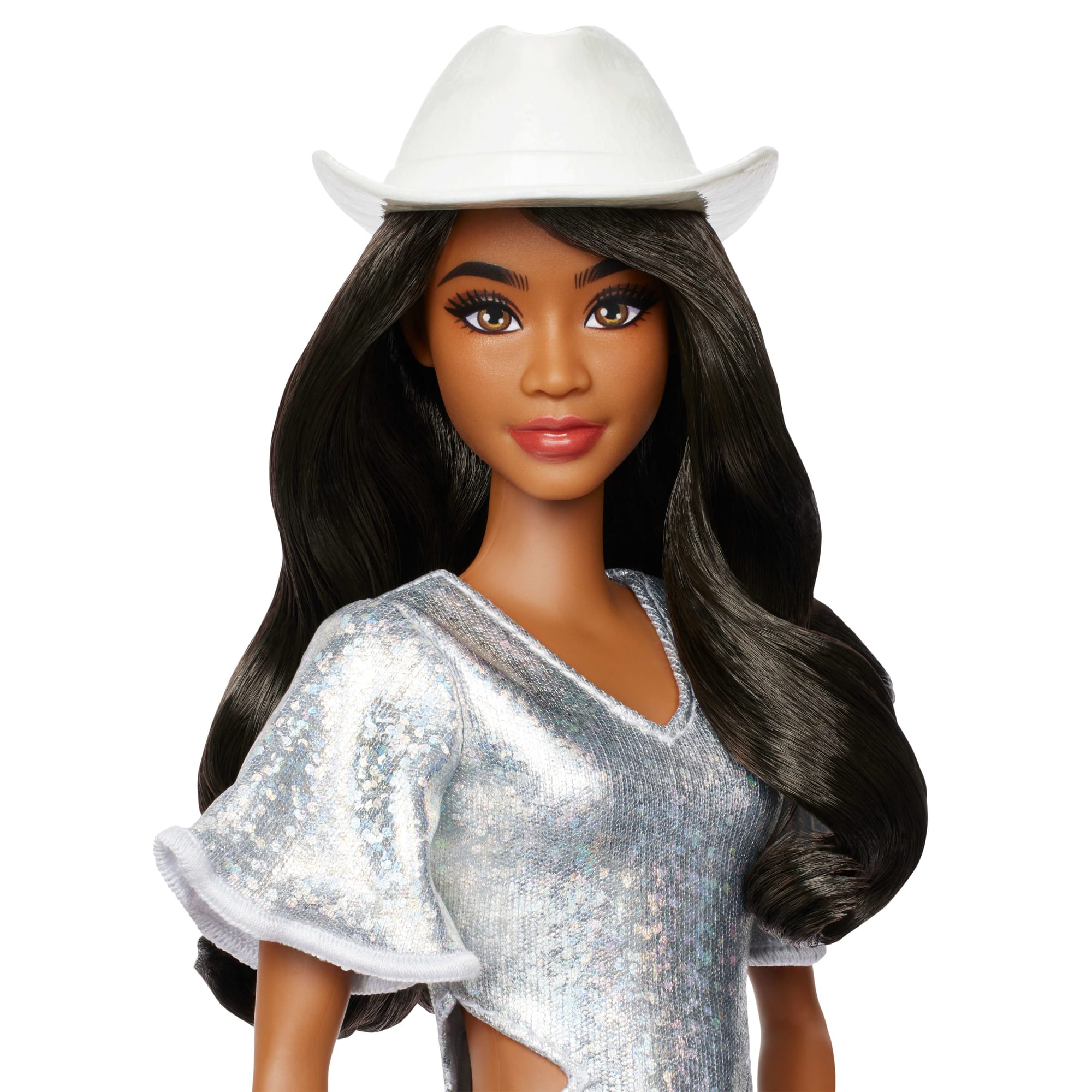 Barbie Fashionistas Doll #239 in Sparkly Silver Dress With Cowboy Hat And Boots. Black Hair - Image 3