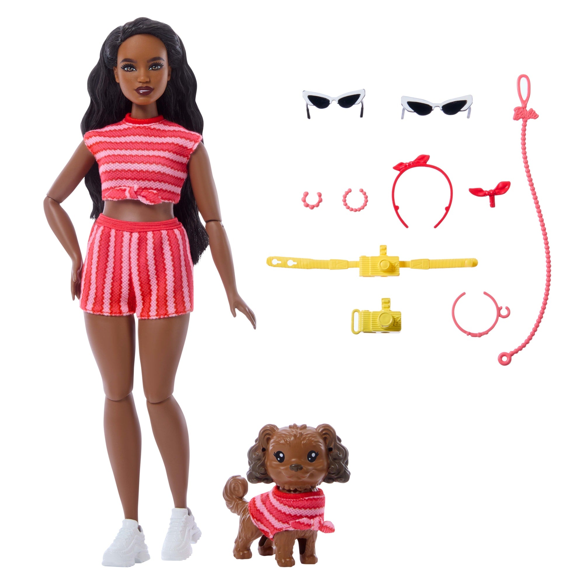 Barbie Twinning Looks Fashion Doll With Pet Dog. Matching Red Clothes & Accessories. Black Hair - Image 5