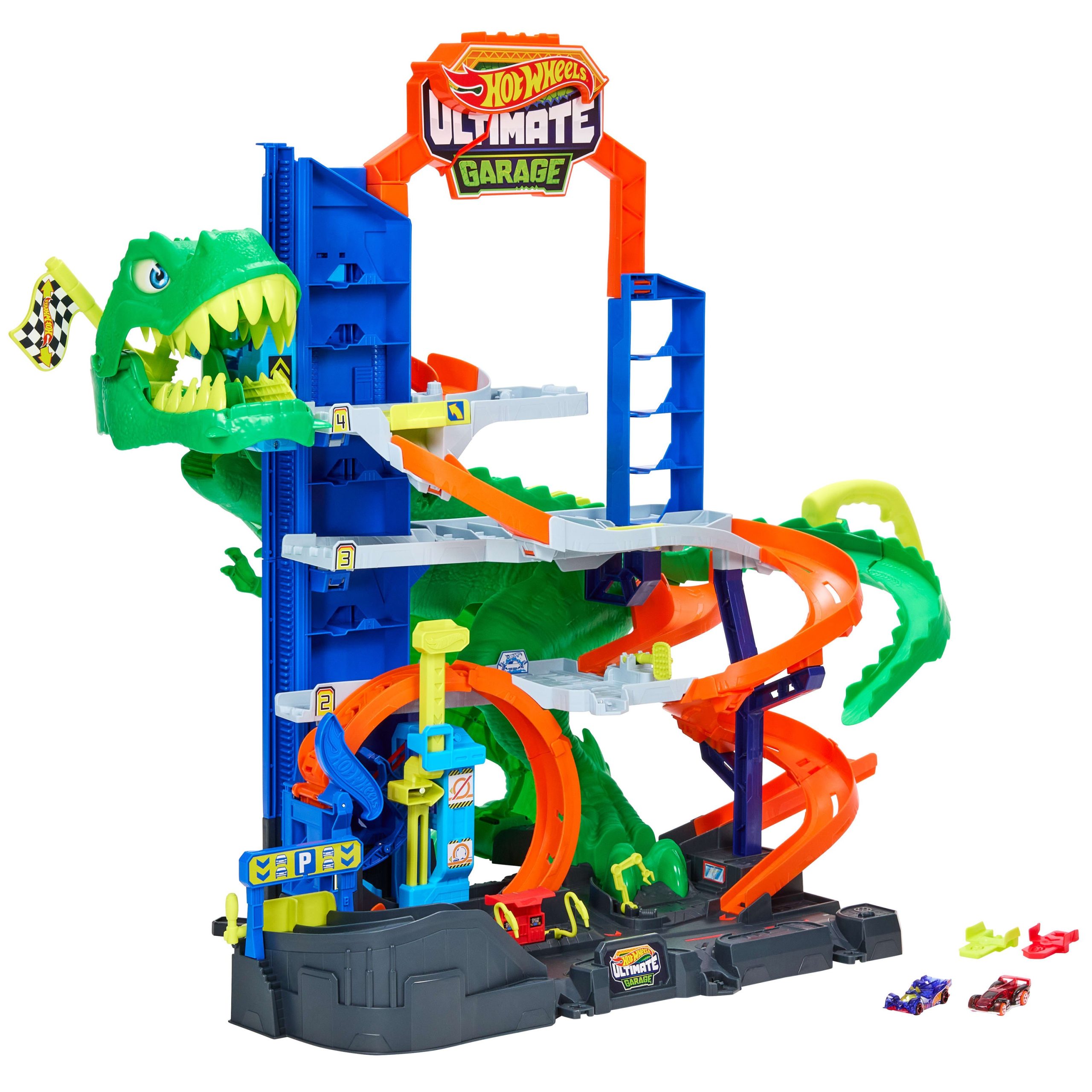 Hot Wheels City Ultimate T-Rex Garage With 2 Toy Cars & Storage For 50+. Race & Stunt. Dino Nemesis