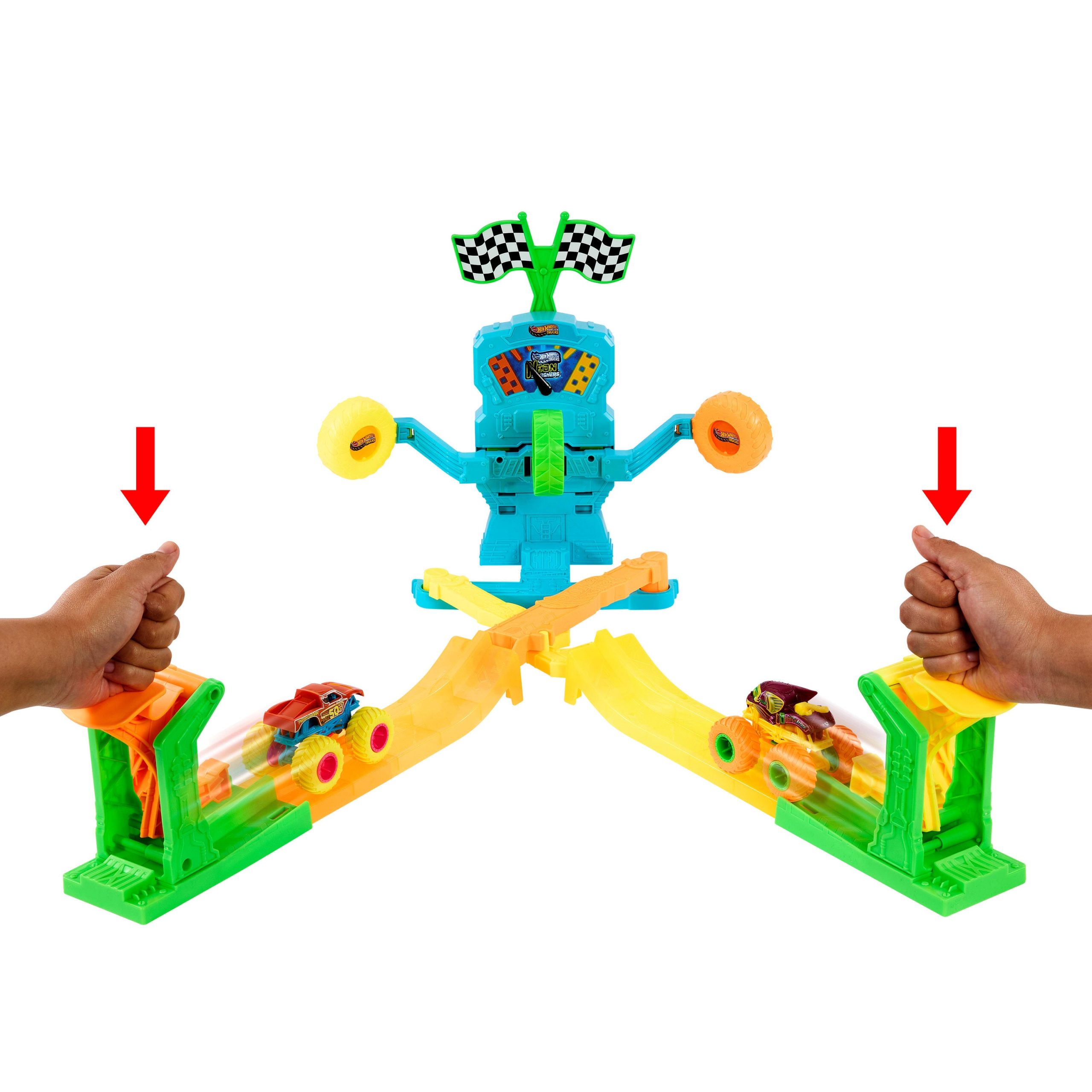 Hot Wheels Monster Trucks Neon Crashin' Slamway Playset With 2 Toy Vehicles. 2 Ways To Play - Image 3