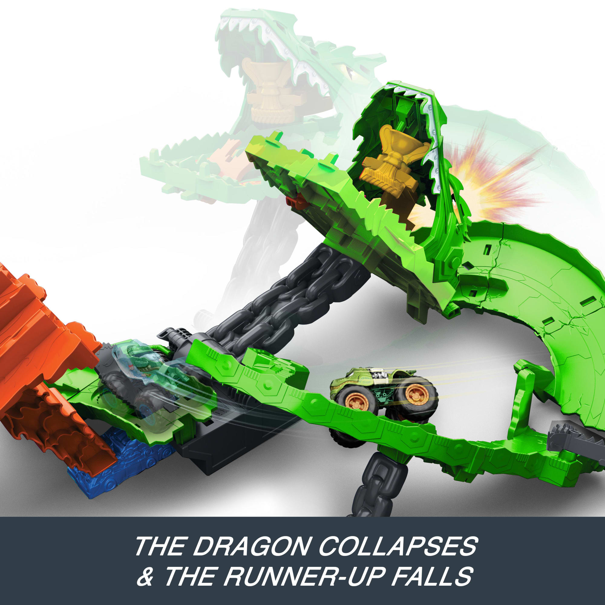 Hot Wheels Monster Trucks Sharks vs Dinos Dragon Destruction Playset & 2 Toy Trucks - Image 4