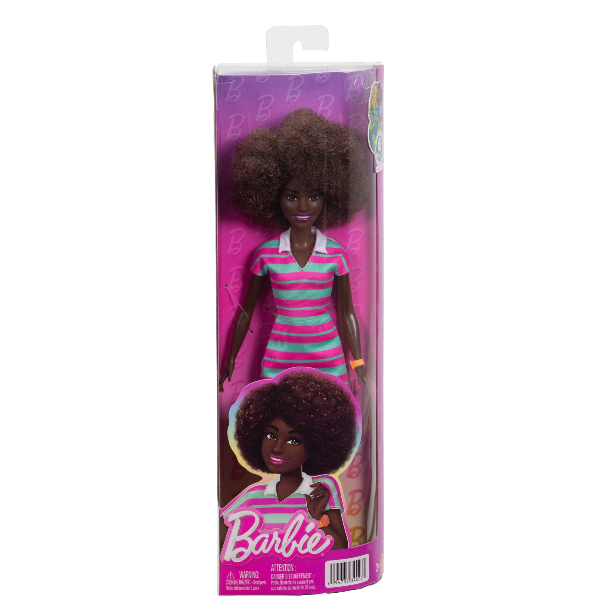 Barbie Fashionistas Doll #247 With Pink And Green Striped Dress. Curly Black Hair - Image 6