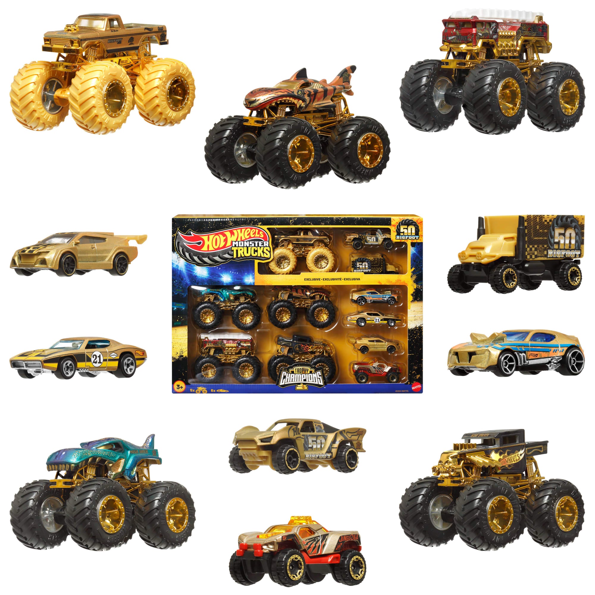Hot Wheels Monster Trucks Trophy Champions Collection. 5 1:64 Scale Toy Trucks & 6 Die-Cast Cars