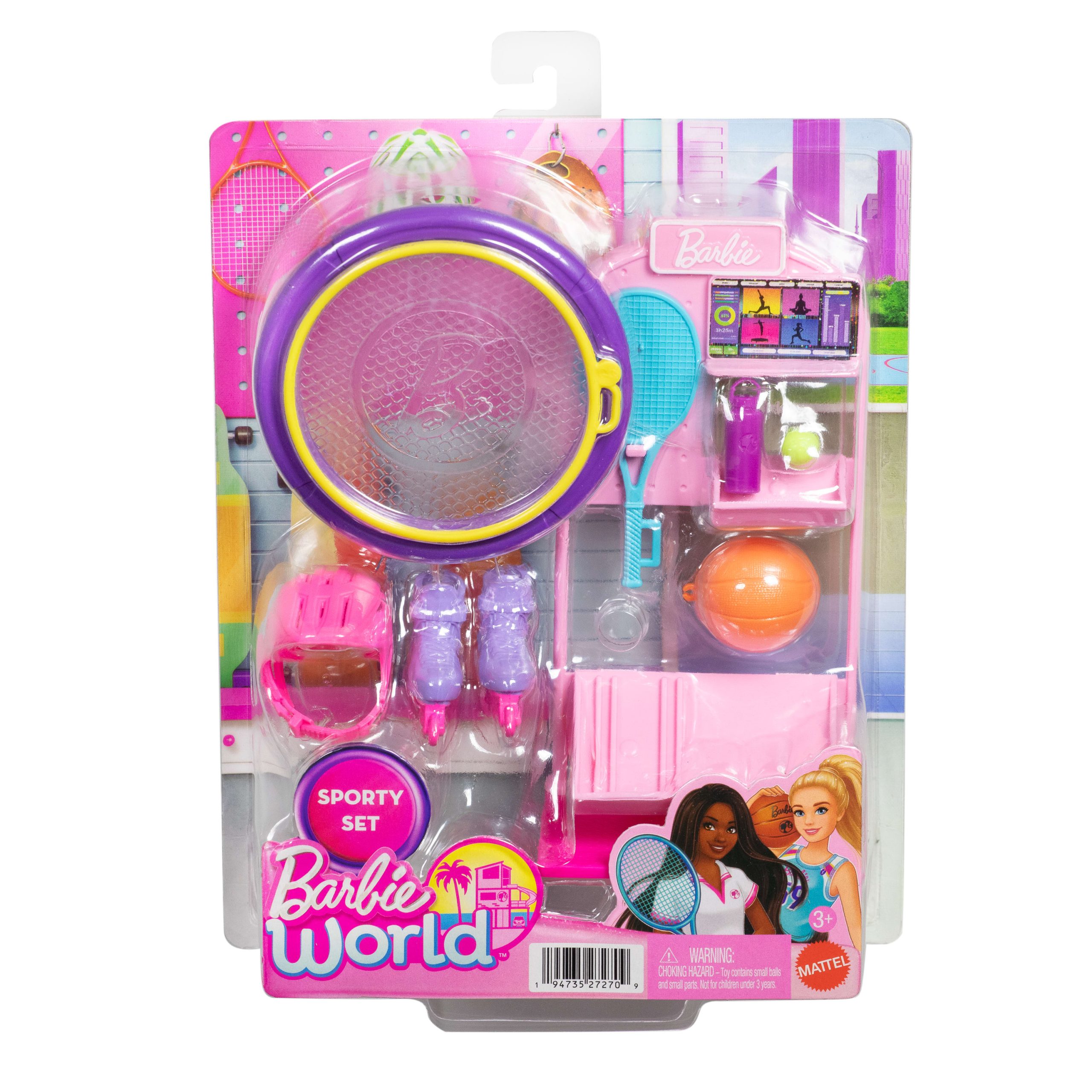 Barbie World Sport Rack Toy Playset With 9 Doll Accessories Including Trampoline. Tennis Racket. & Skates - Image 6