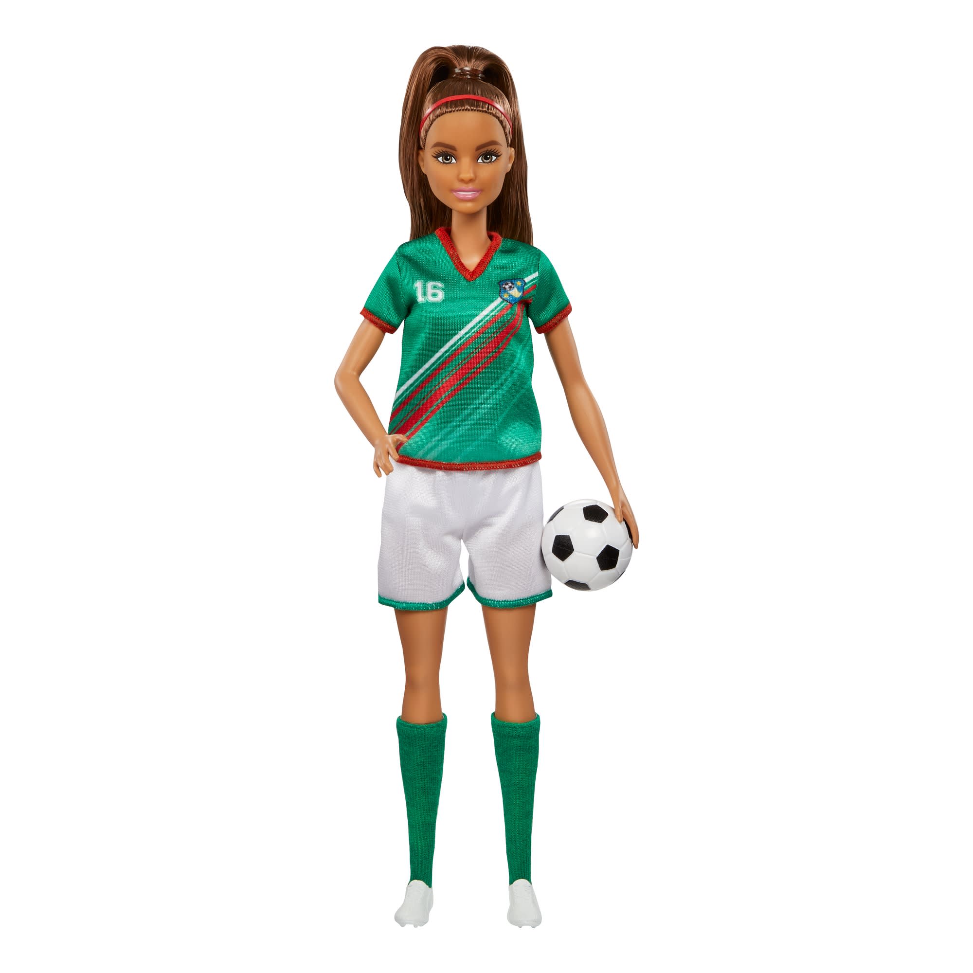 Barbie Soccer Doll. Brunette. #16 Uniform. Soccer Ball. Cleats. Socks. 3 & Up