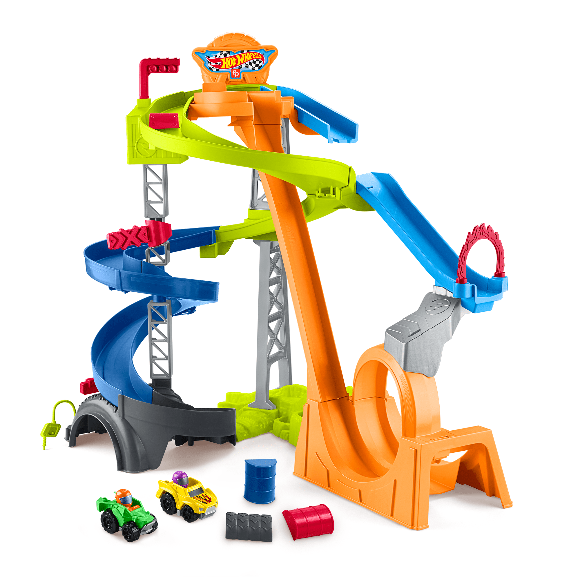 Little People Hot Wheels Spiral Stunt Speedway Toddler Race Track Playset. 2 Toy Cars