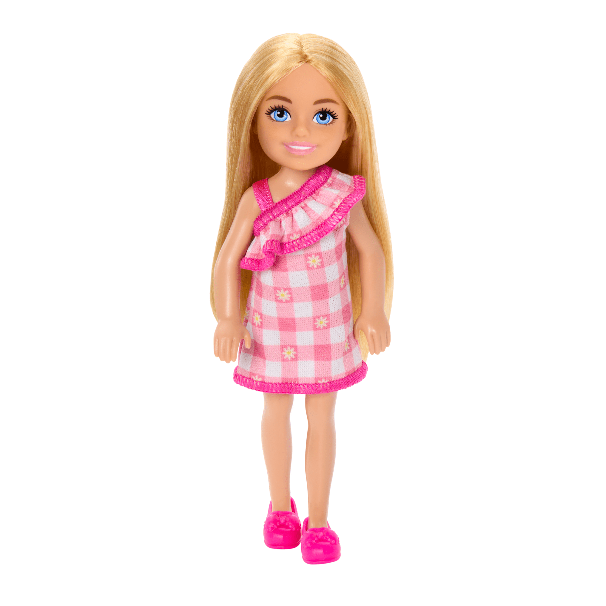 Barbie Chelsea Doll. Small Doll Wearing Removable Checked Dress With Blonde Hair & Blue Eyes