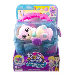 Polly Pocket Sparkle Cove Adventure Island Treasure Chest Playset With 2 Micro Dolls. 4 Animals & Accessories