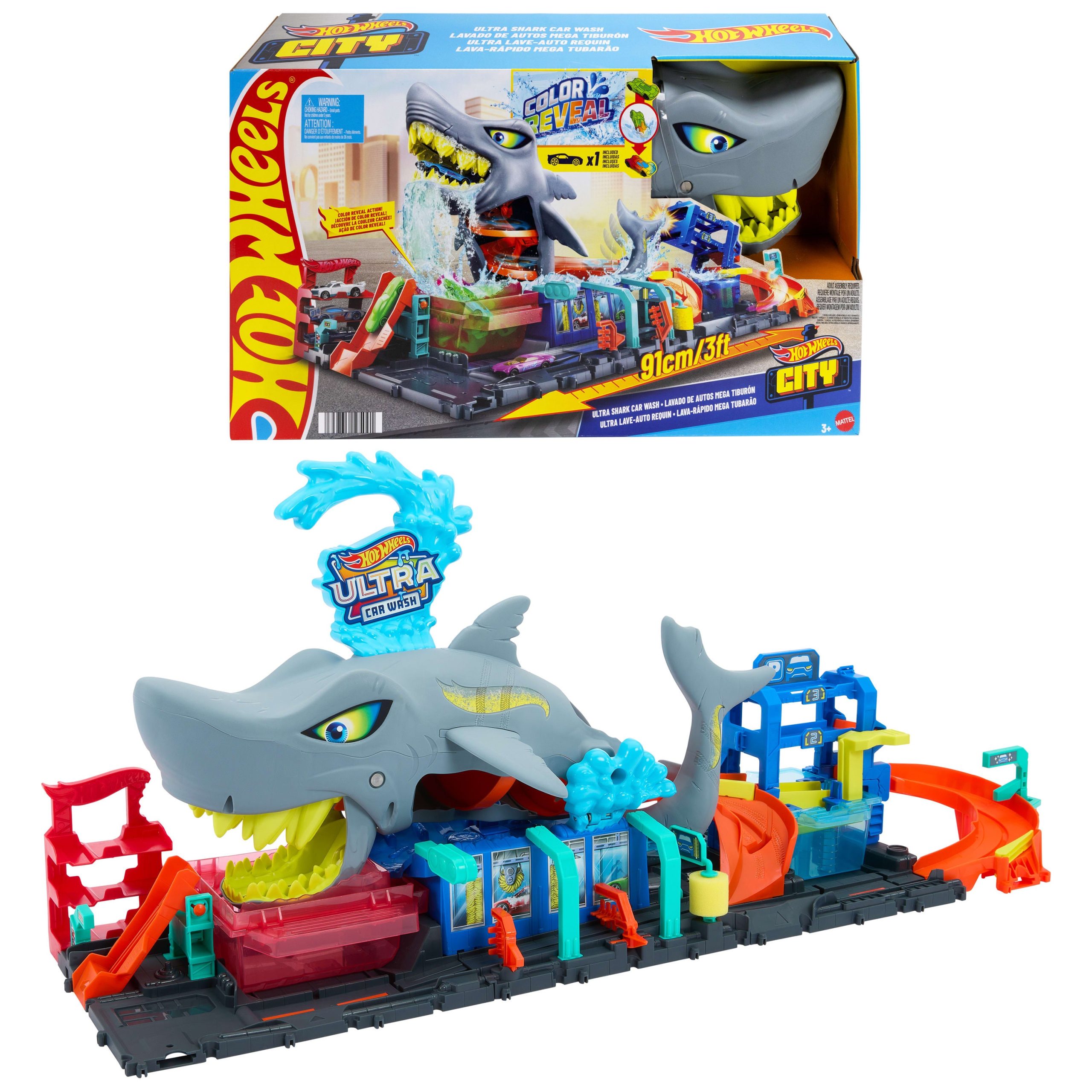 Hot Wheels City Ultra Shark Car Wash With Color Reveal Toy Car Featured in Let's Race