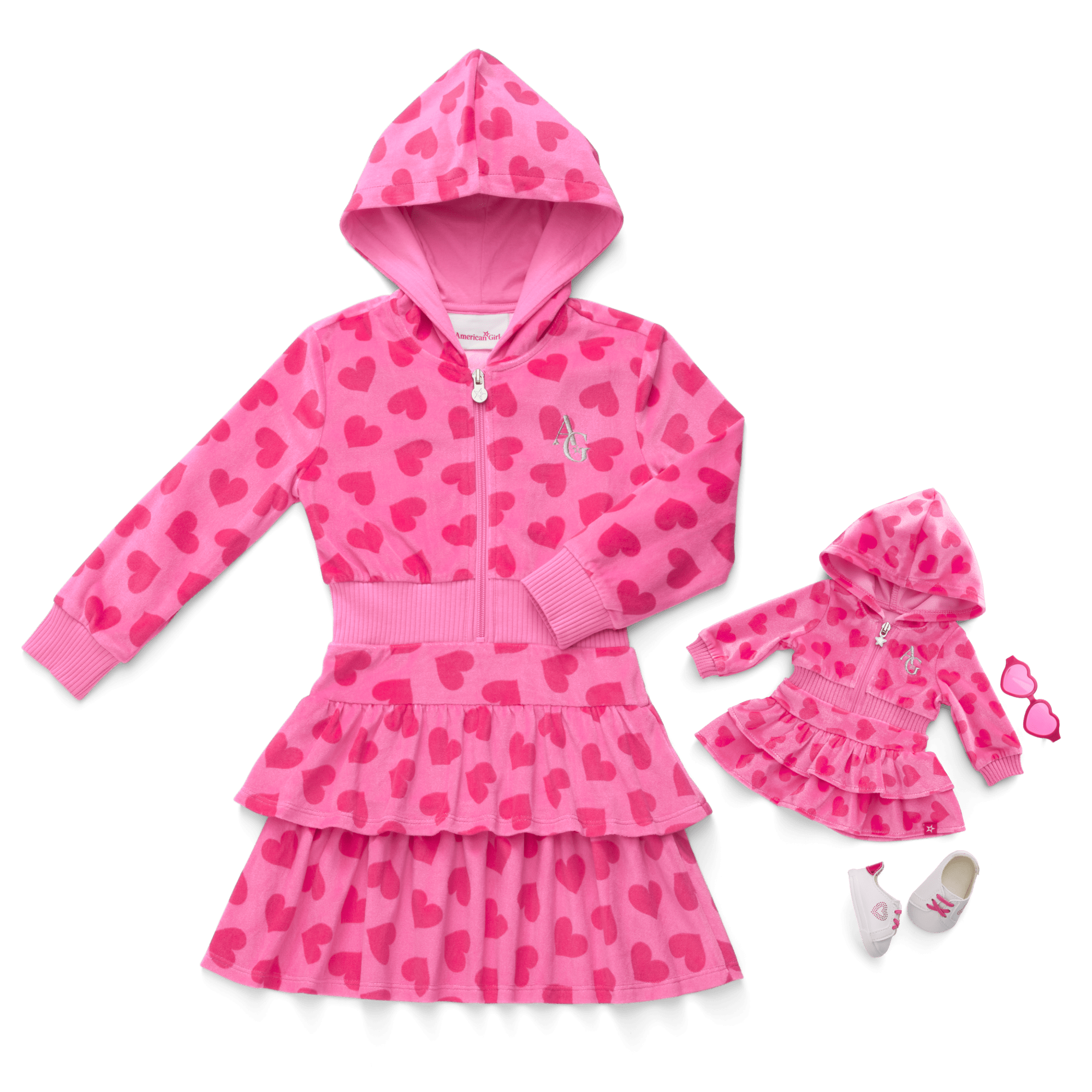 Pink Hearts Hoodie Dress for Girls & 18-inch Dolls - Image 2