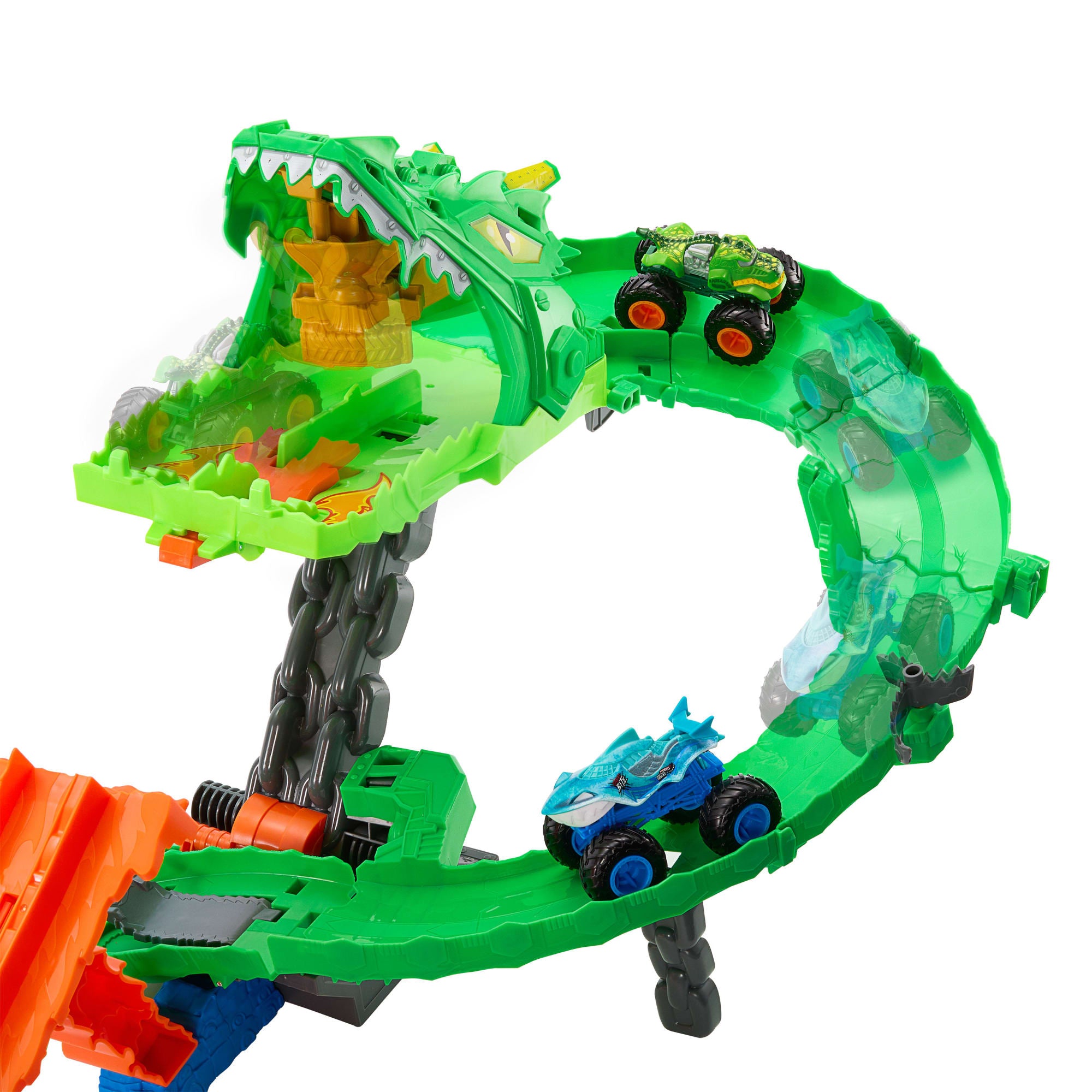 Hot Wheels Monster Trucks Pista de Juguete Tiburones vs. Dinosaurios Destrucción del Dragón - Image 3