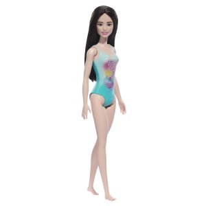 Beach Barbie Doll With Black Hair Wearing Tropical Blue Swimsuit