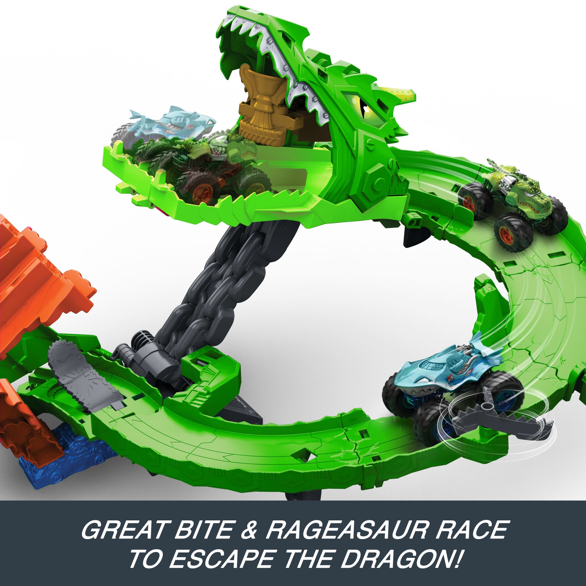 Hot Wheels Monster Trucks Sharks vs Dinos Dragon Destruction Playset & 2 Toy Trucks - Image 3