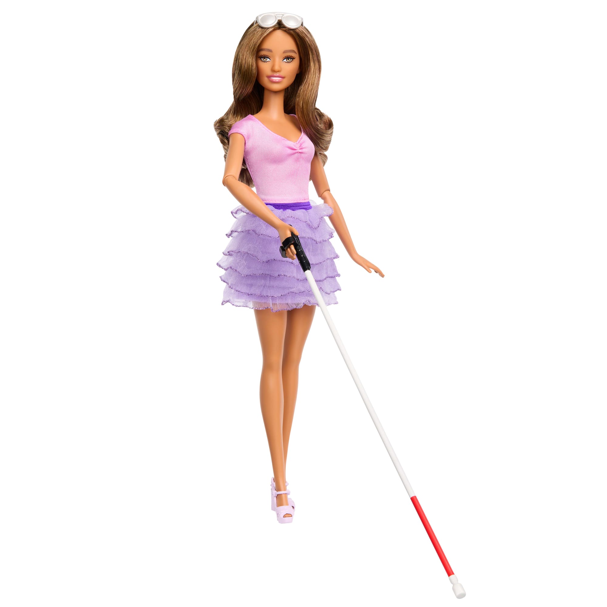 Barbie Fashionistas Doll #228. Blind Barbie Doll Wearing Pink Top And Ruffled Skirt With Cane And Sunglasses in Partnership With The American Foundation For The Blind